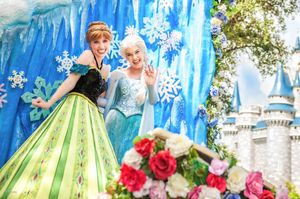 Two Disney characters pose in costume against a blue winter backdrop with snowflakes near a castle and red flowers.