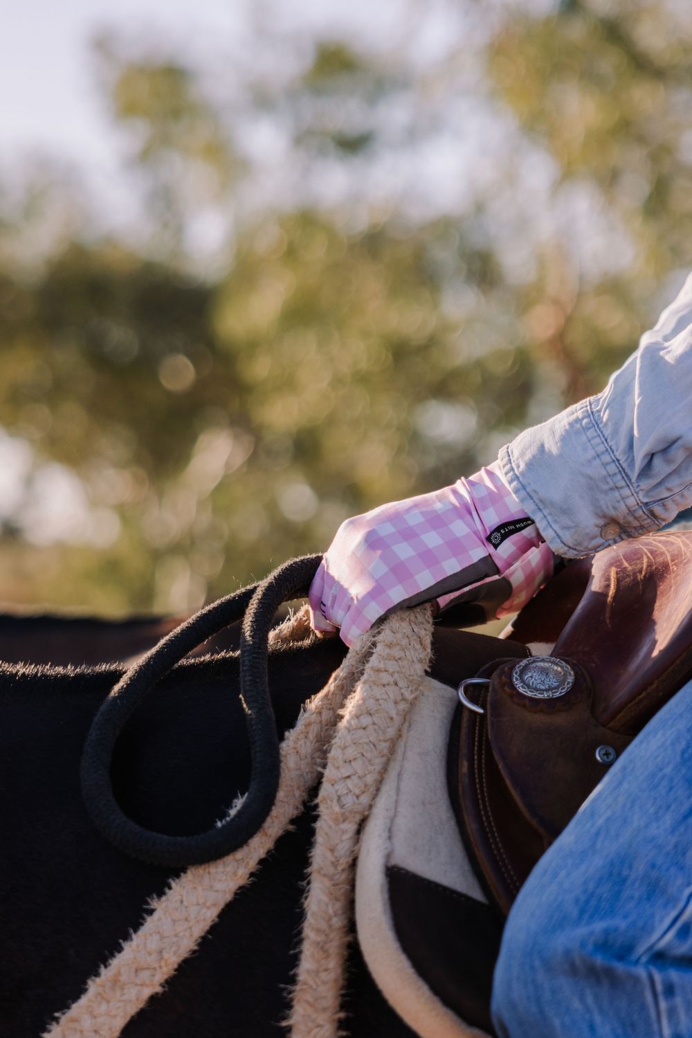 Detail shot of hands in plaid gloves holding horse reins against a blurred nature background.