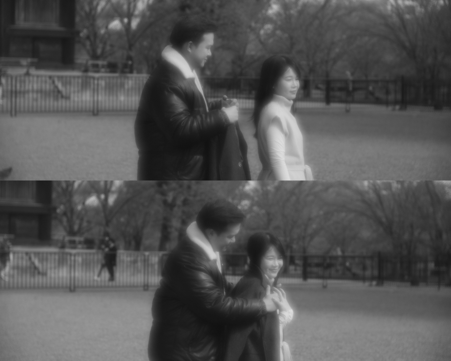 Black and white vintage photo collage of a couple interacting in an outdoor park.