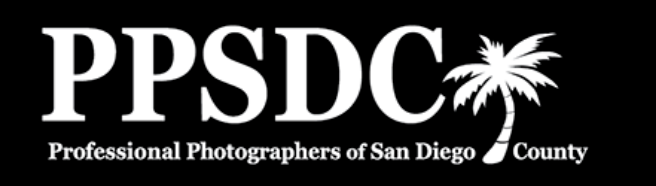 White text logo for Professional Photographers of San Diego County with palm tree icon on black background.