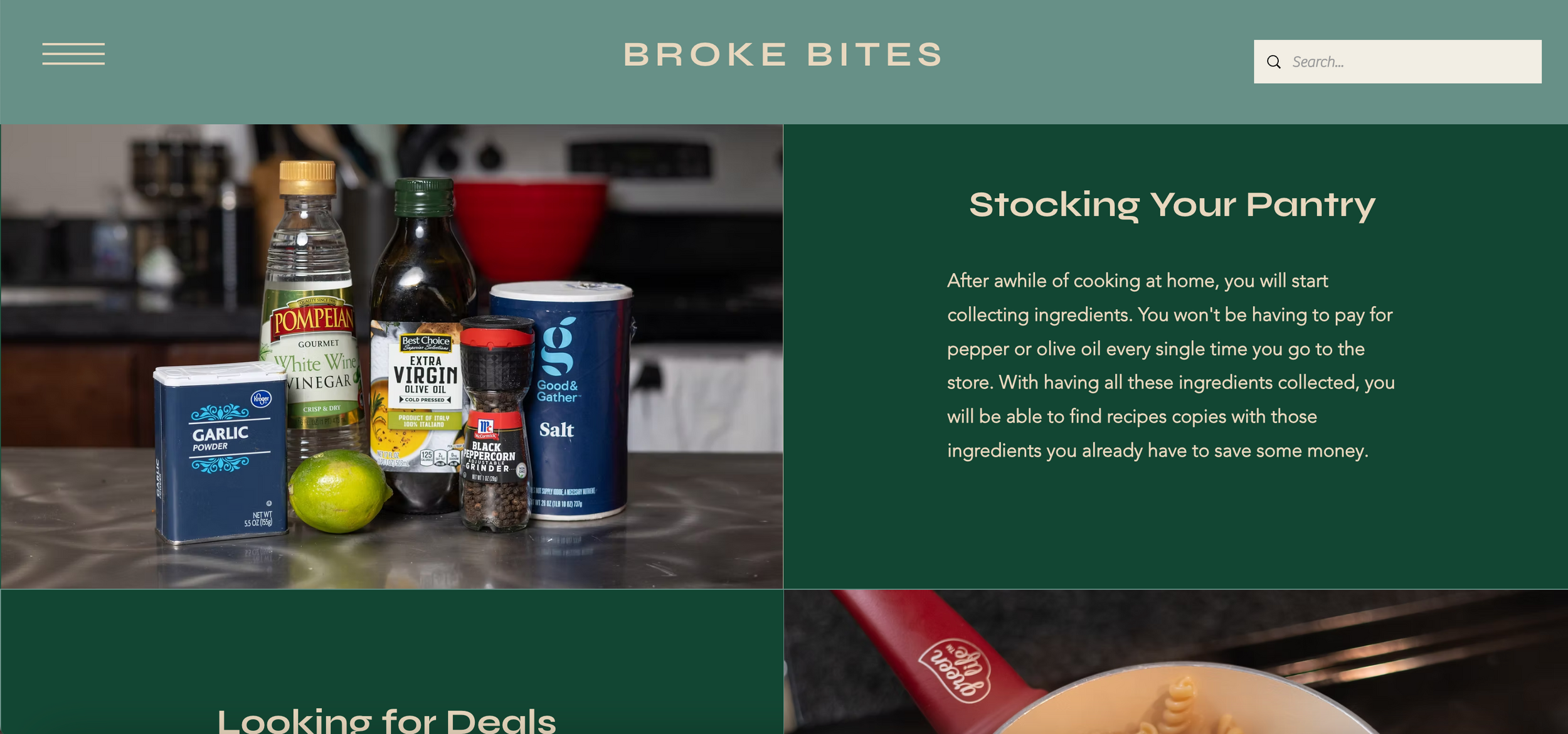 Website interface showing pantry stocking tips and grocery shopping advice.