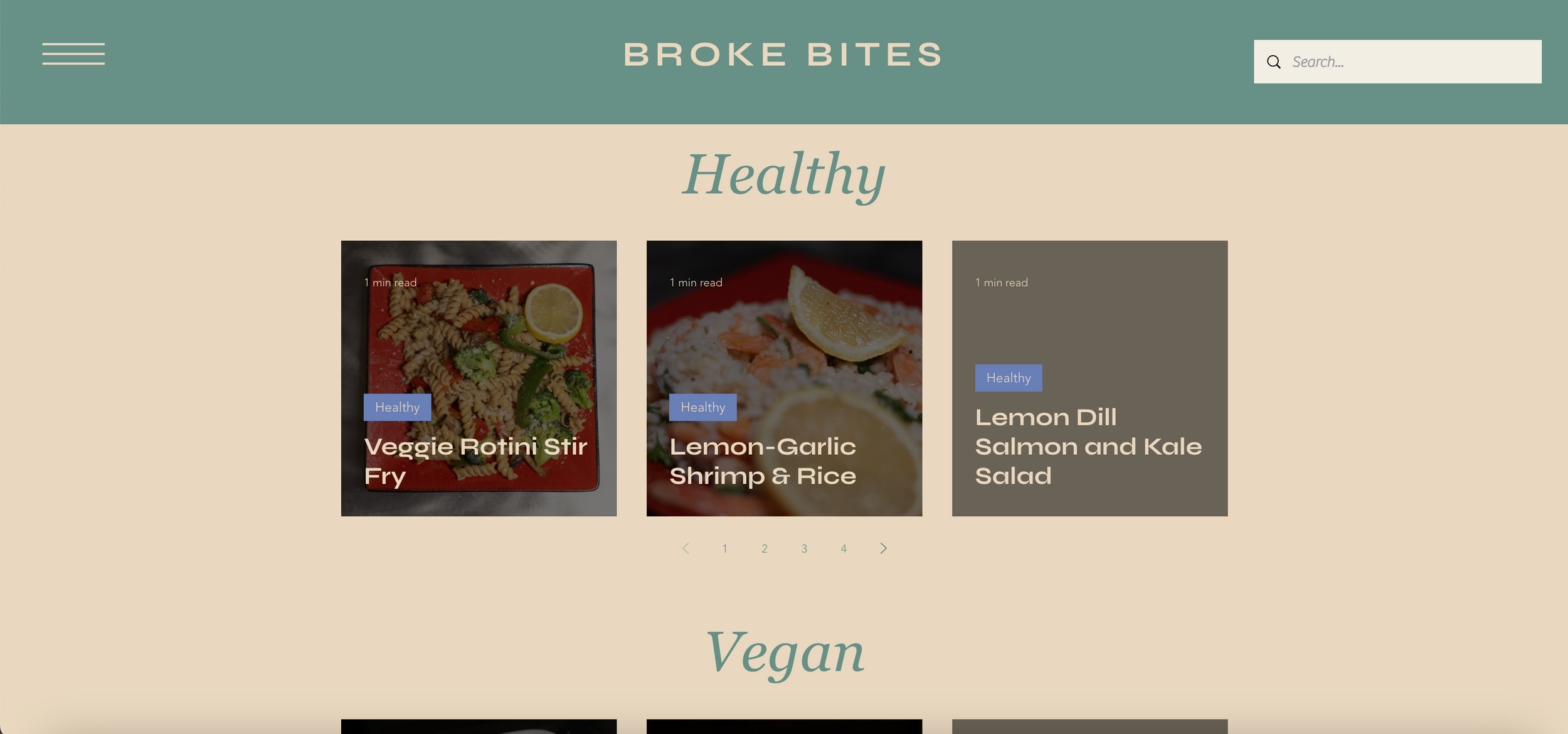 Website navigation menu with healthy and vegan recipe categories.