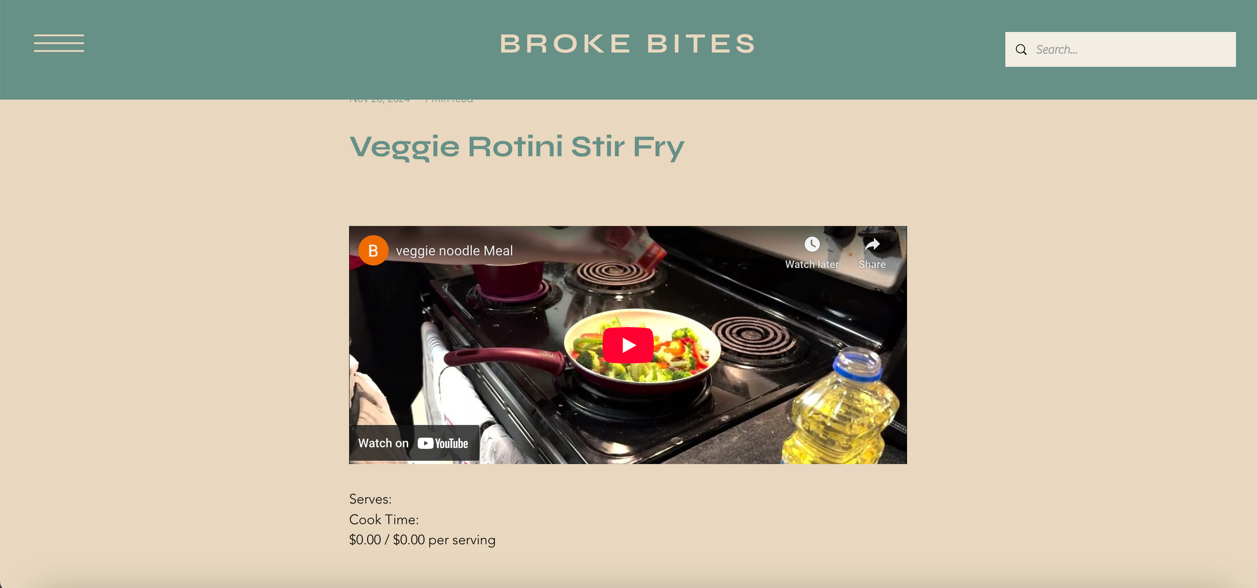Recipe page showing veggie stir fry cooking instructions and ingredients.