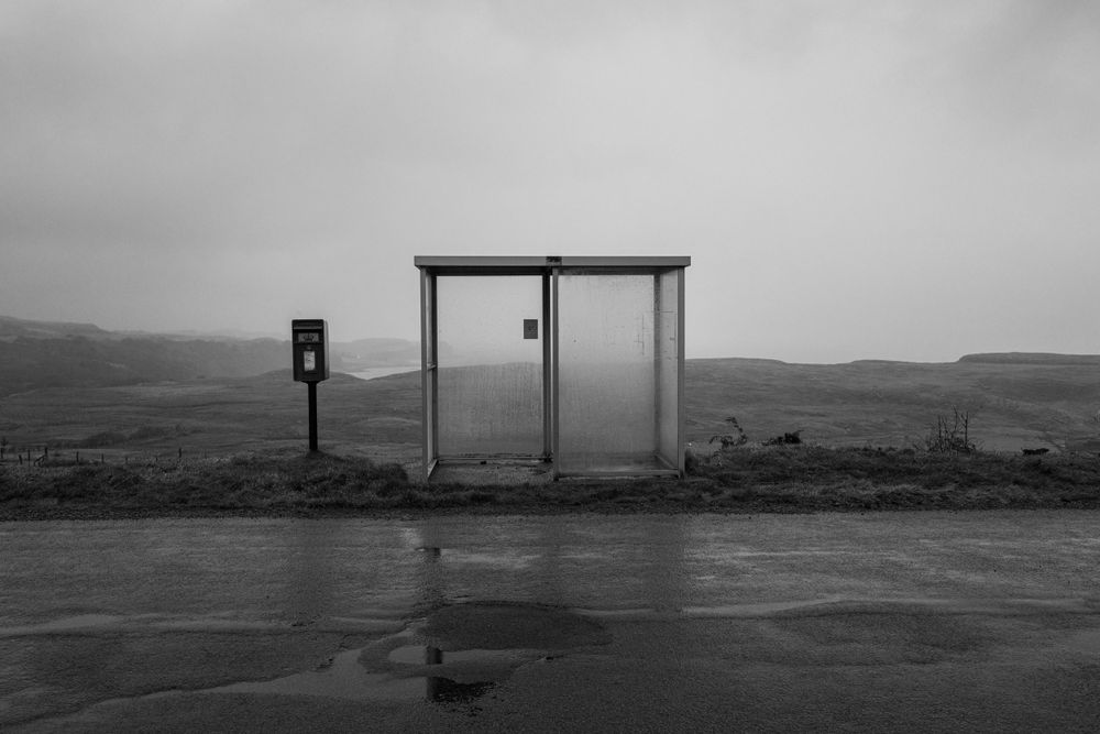 Surreal scene of a remote Scottish bus shelter on Skye, from the ongoing project Transcendence