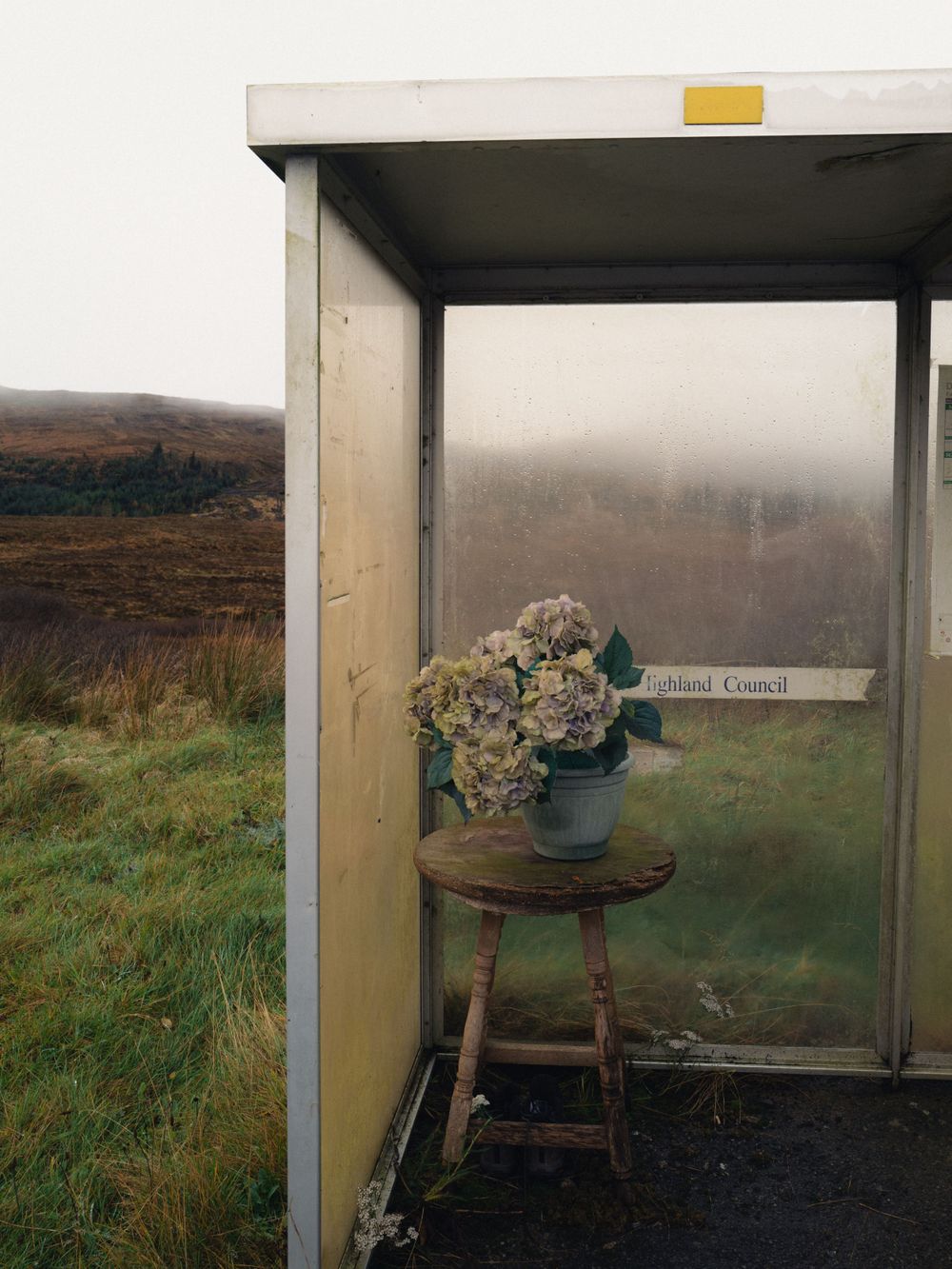Surreal scene of a remote Scottish bus shelter on Skye, from the ongoing project Transcendence