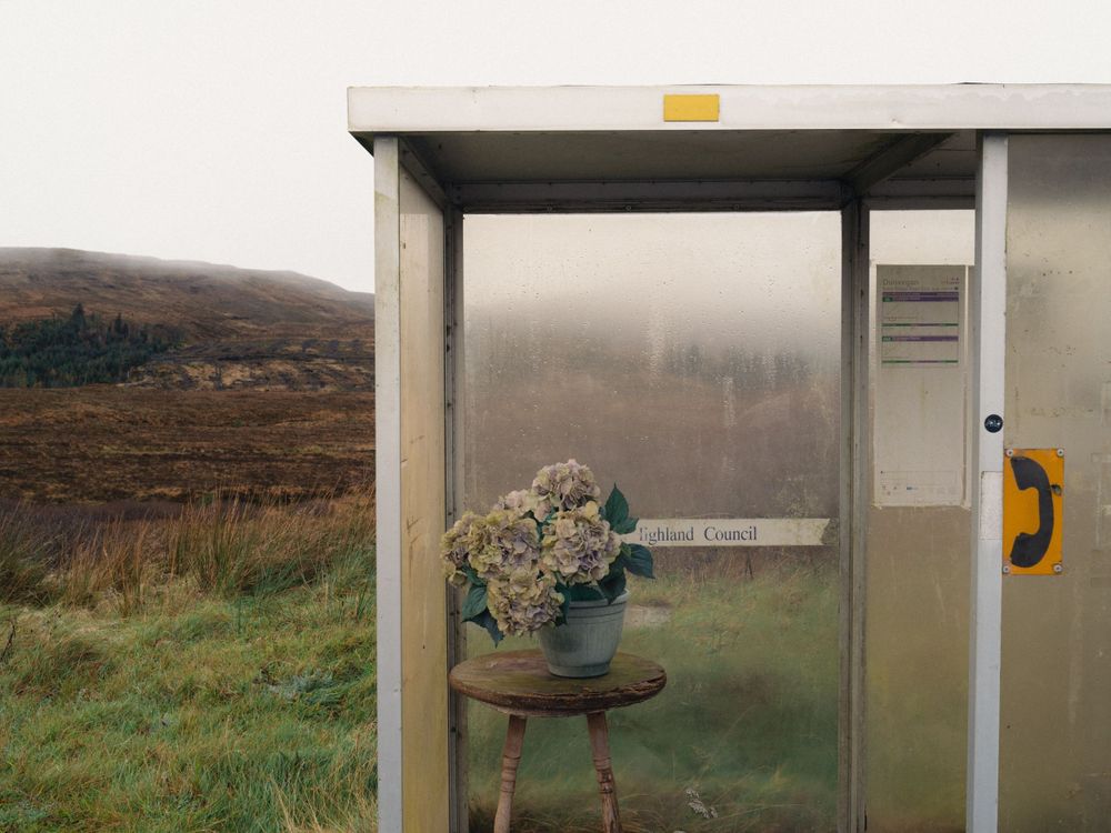 Surreal scene of a remote Scottish bus shelter on Skye, from the ongoing project Transcendence