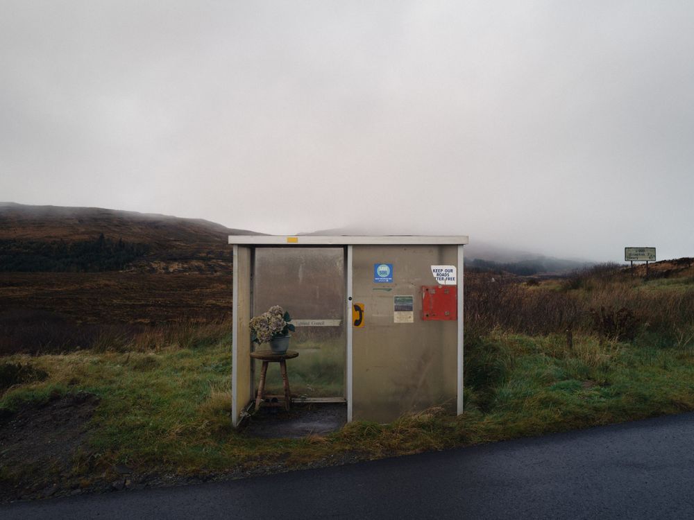 Surreal scene of a remote Scottish bus shelter on Skye, from the ongoing project Transcendence
