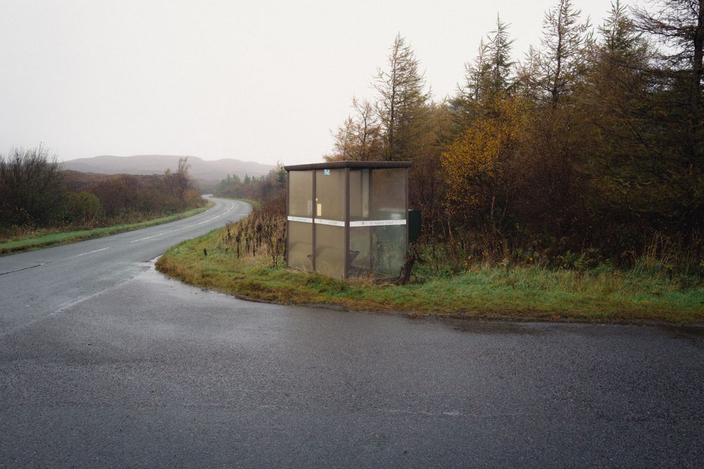 Surreal scene of a remote Scottish bus shelter on Skye, from the ongoing project Transcendence
