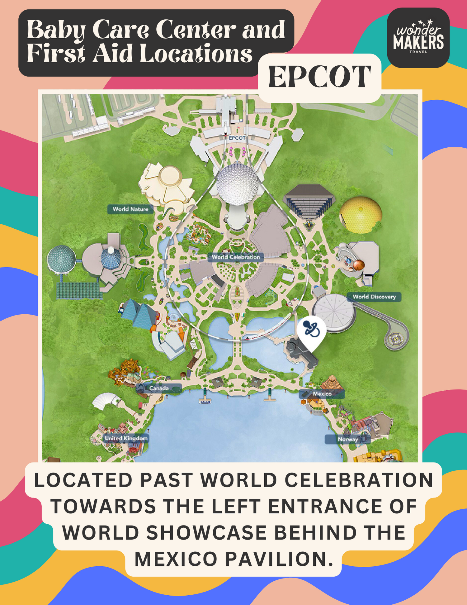 Map showing Baby Care Center and First Aid locations at EPCOT World Showcase near Mexico and World Celebration areas.