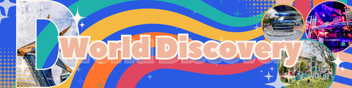Colorful World Discovery banner design with rainbow stripes and theme park attractions silhouettes against blue background.