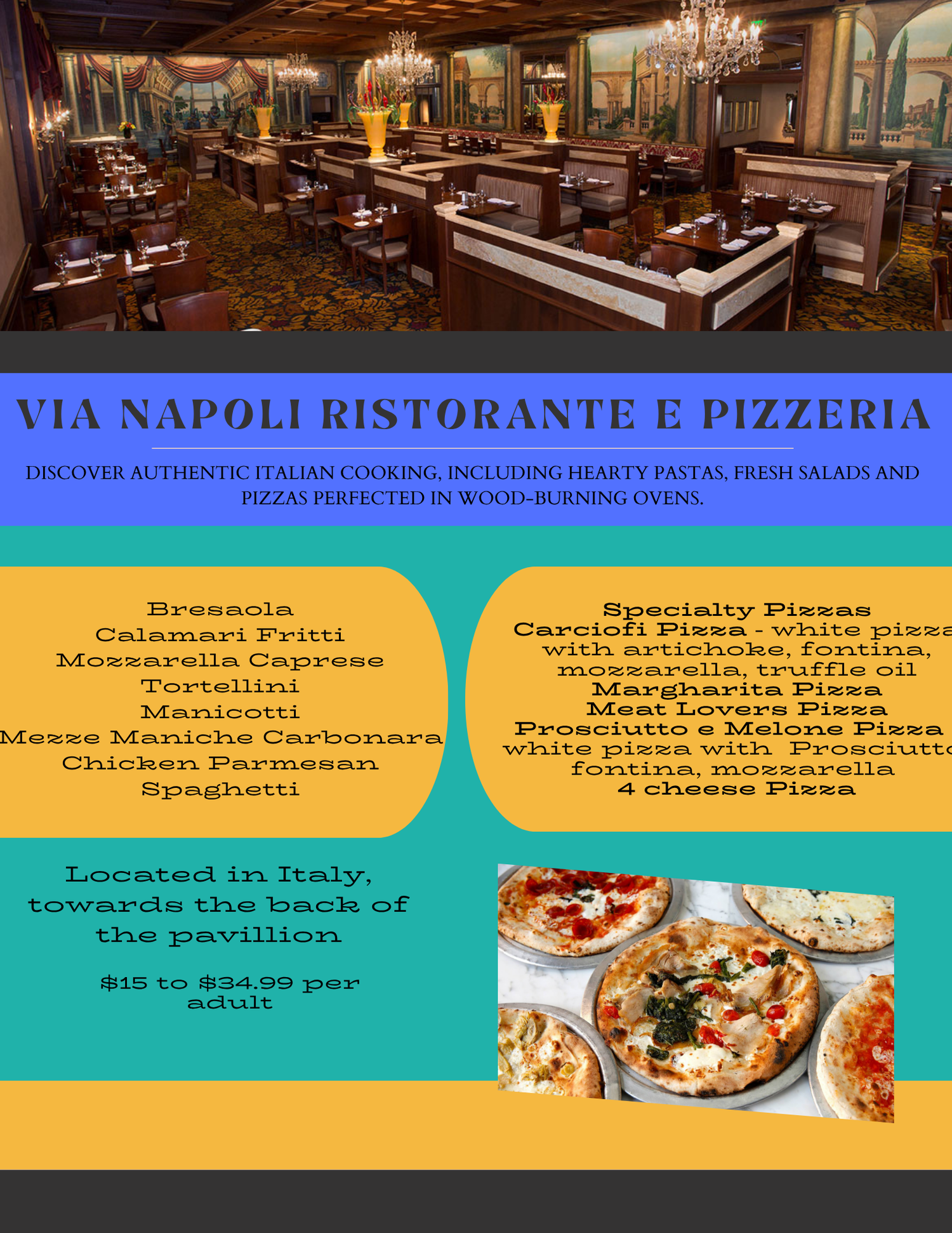 Elegant Italian restaurant interior with chandelier lighting and wooden booths showcasing Via Napoli menu featuring pizzas.