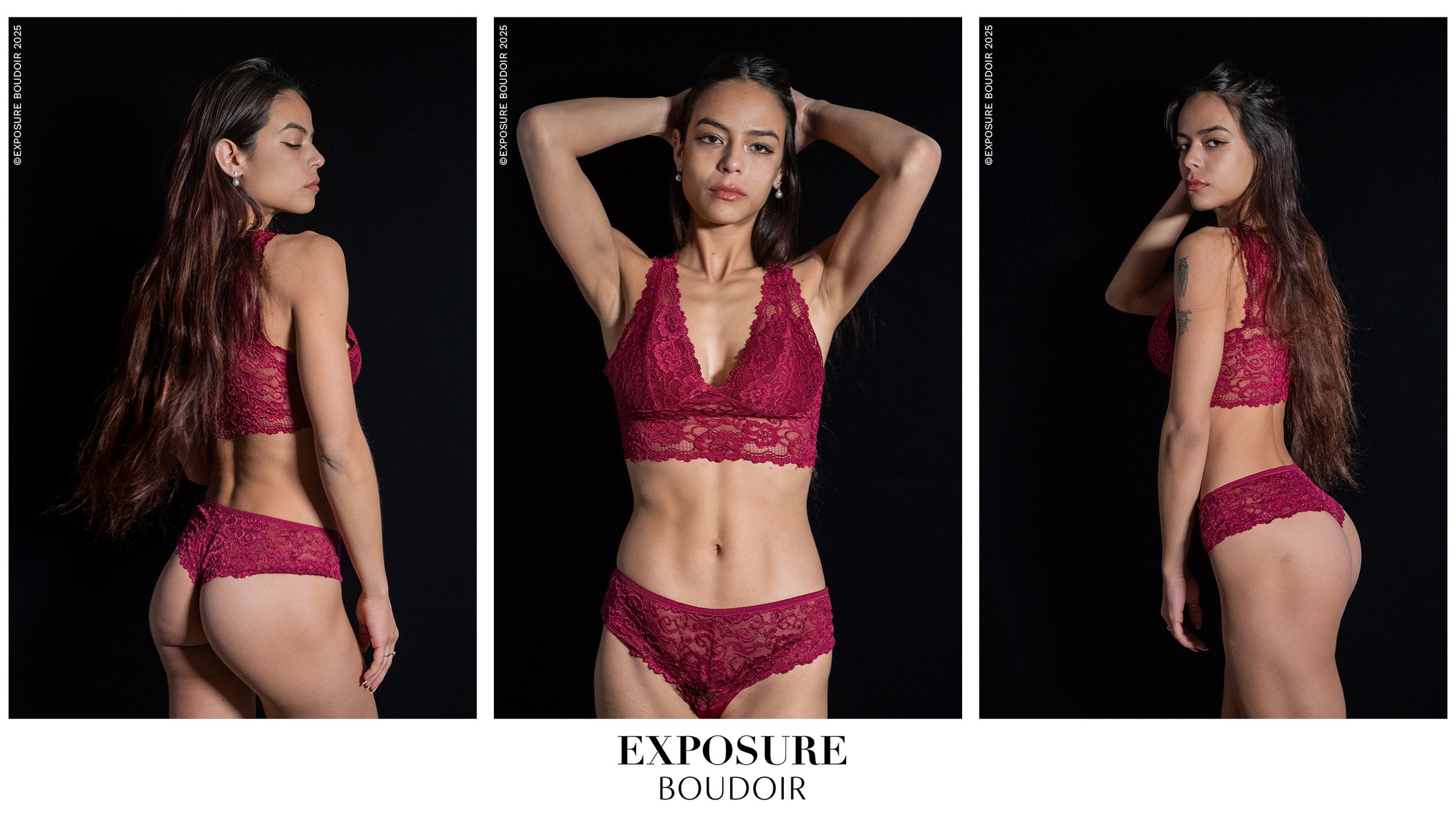 A model poses in burgundy red lingerie set against a dark background in three different angles showing back, front and side views.