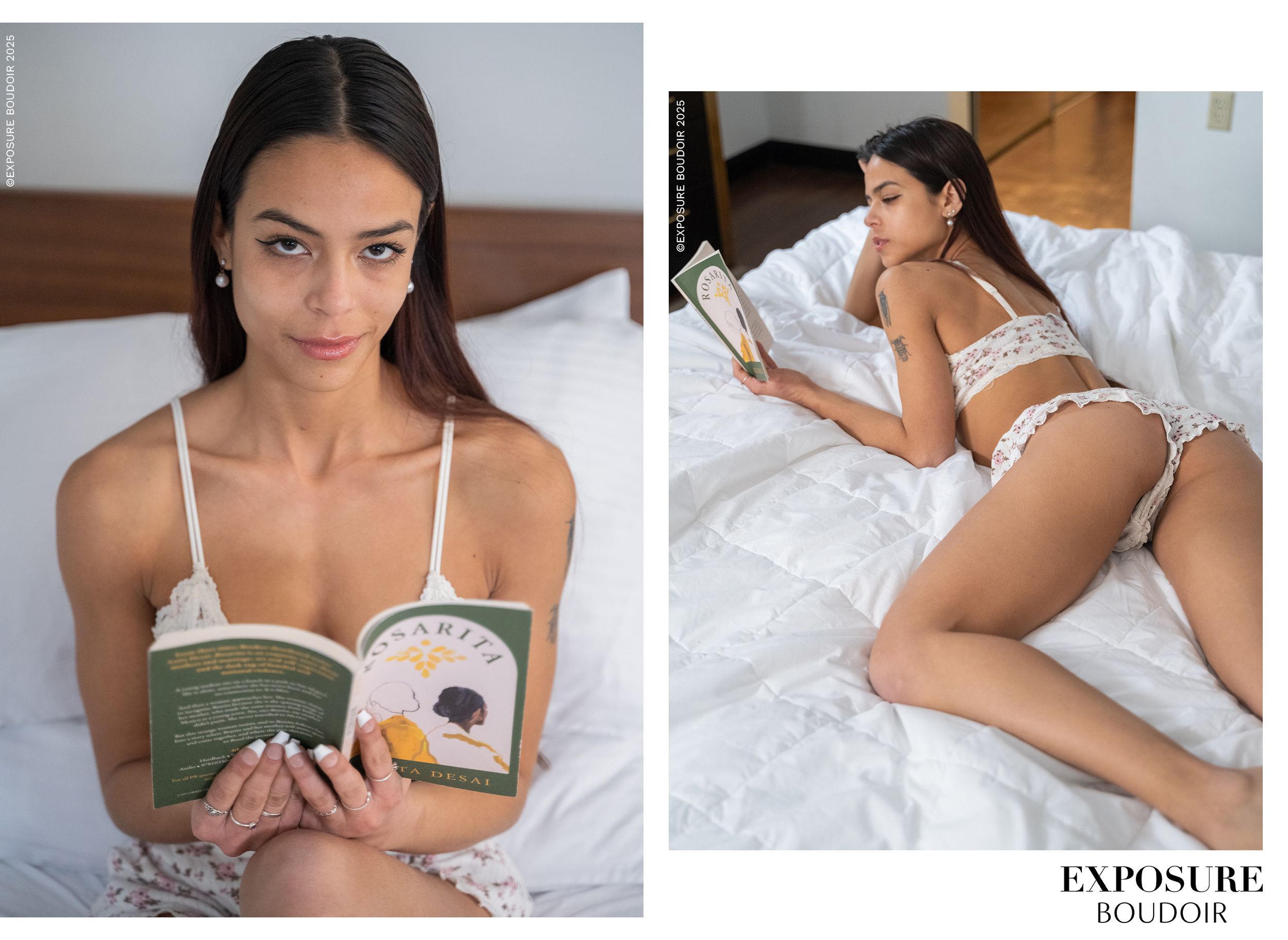 A set of lifestyle boudoir photos showing a woman relaxing while reading and posing sensually on white bedding.