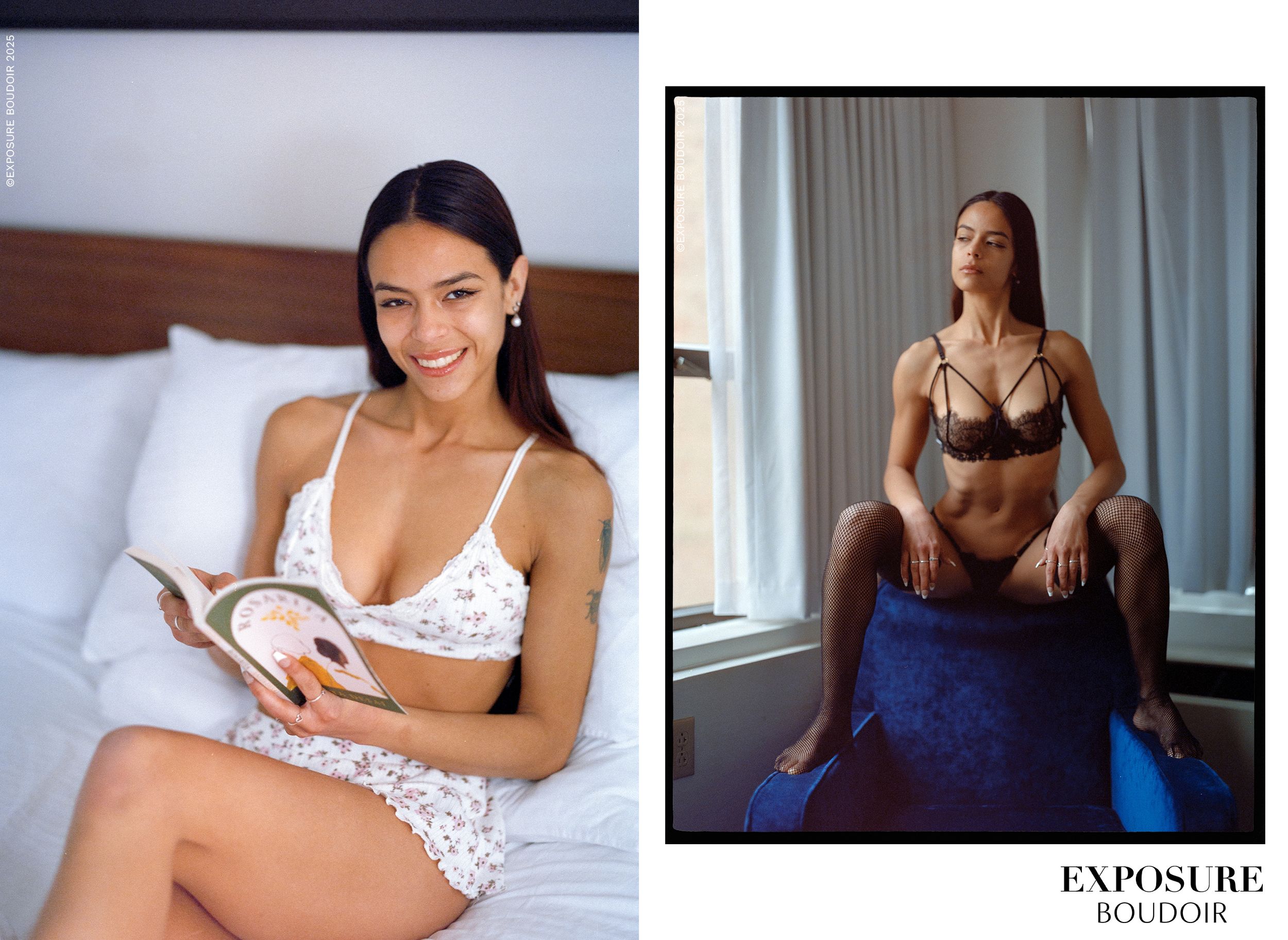 A person wearing white lace lingerie sits reading while relaxing on a bed next to a window.