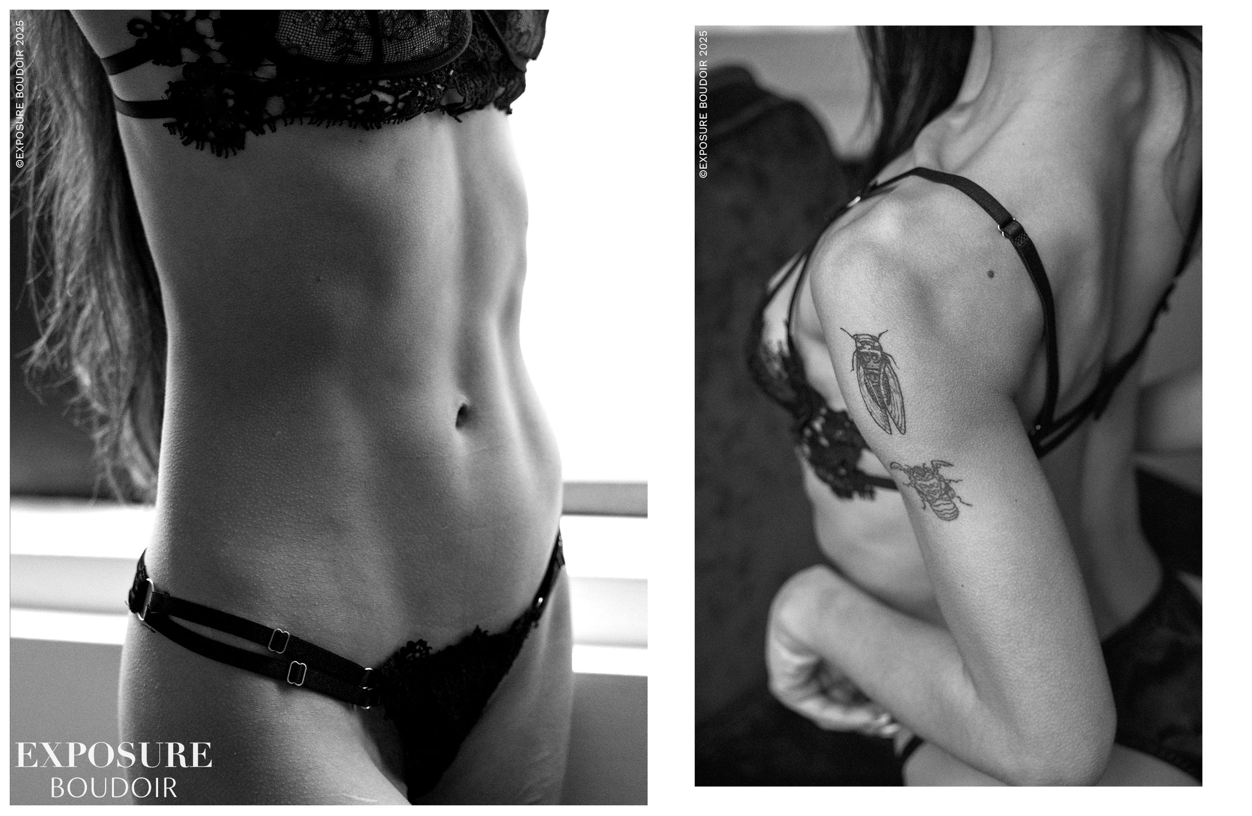 Black and white artistic portrait showing a toned midsection and close-up of an arm with a decorative tattoo.