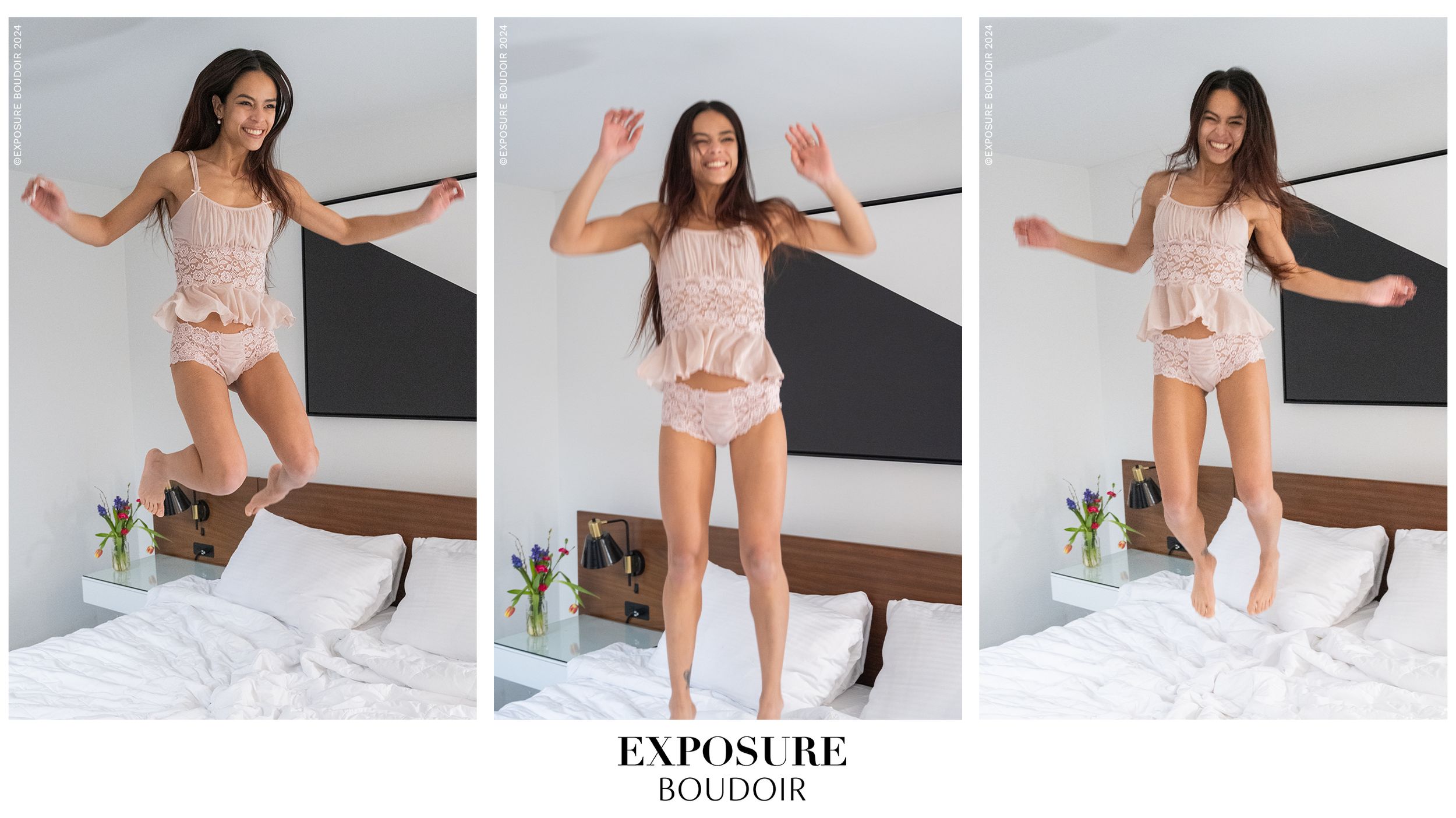 Lina in pink sleepwear set posing playfully in bedroom with white bedding and modern decor.