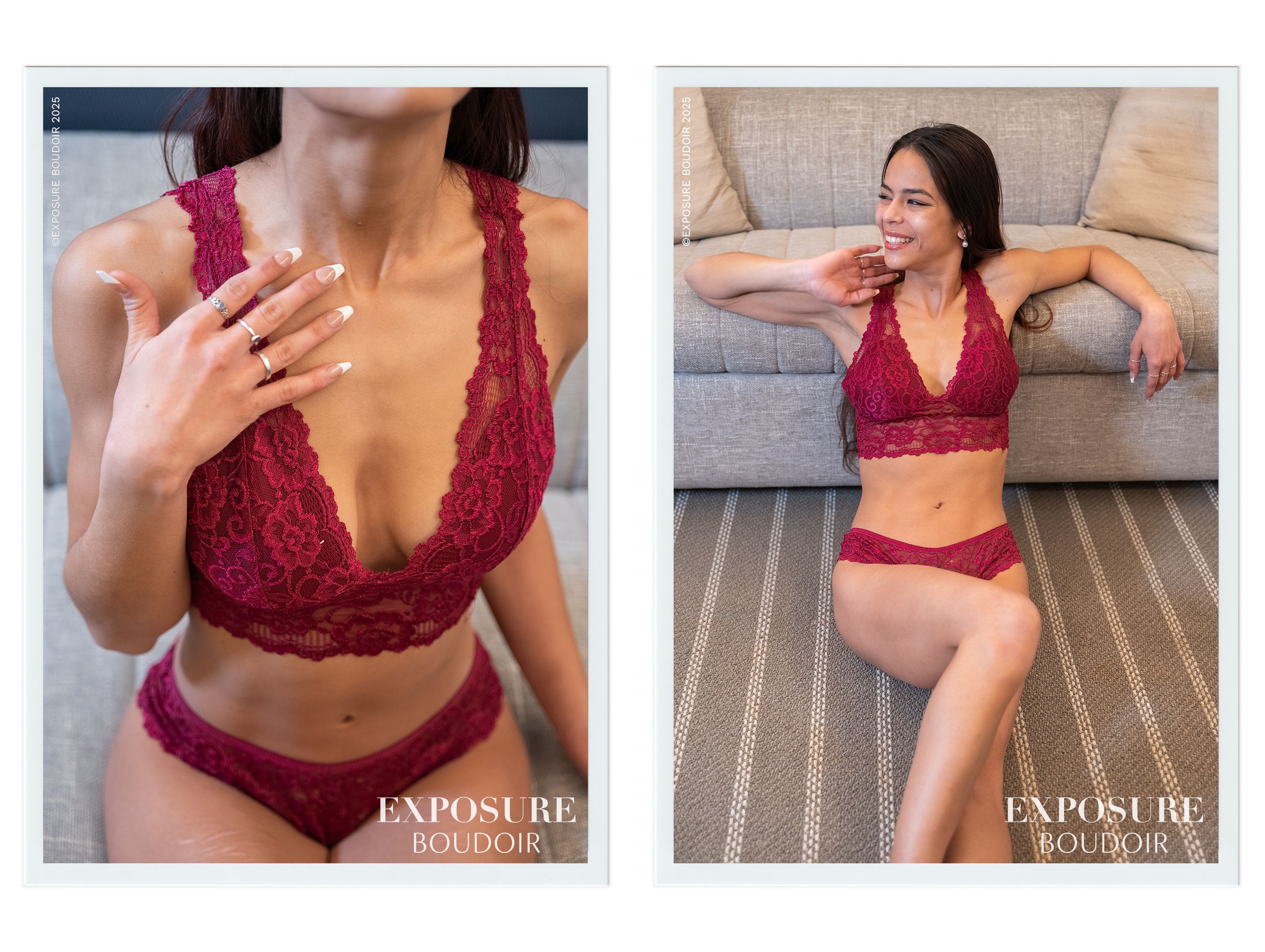 Two side-by-side photos show someone modeling a burgundy lace bralette and matching lingerie set while lounging indoors.
