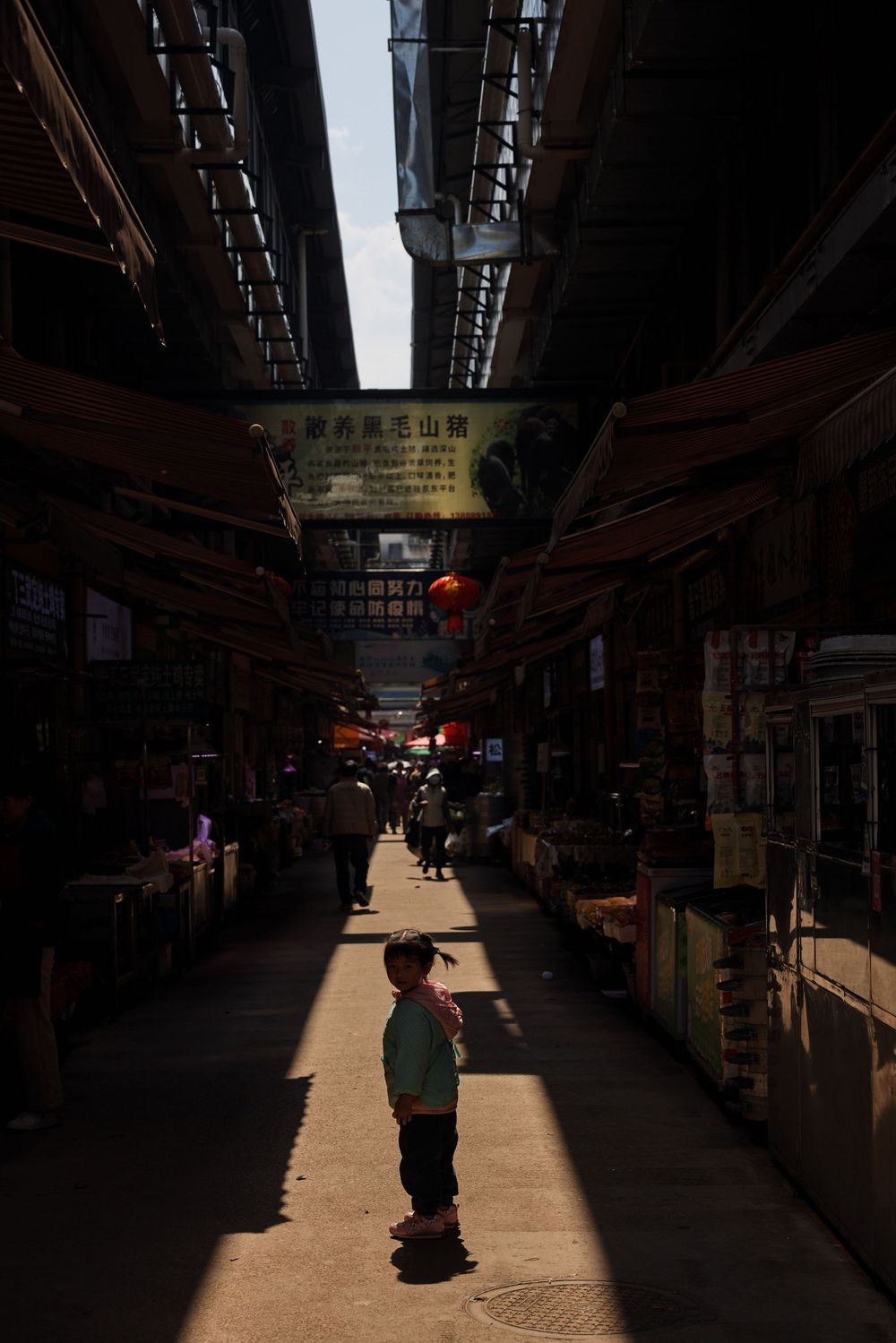A silhouetted figure stands in a ray of sunlight cutting through a dark covered market alley in Hong Kong.