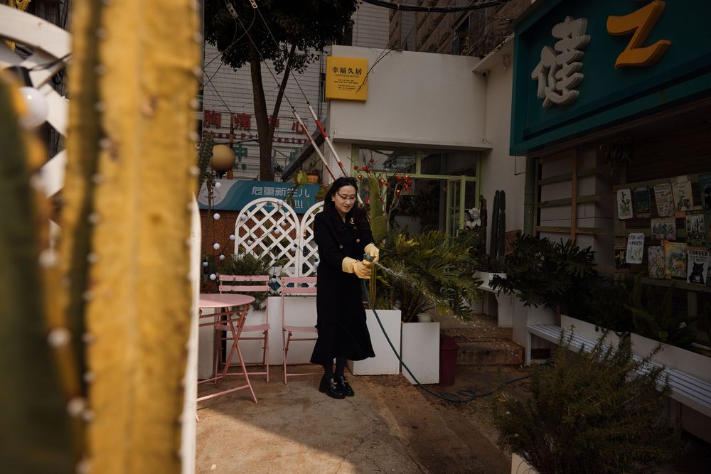 Someone wearing a black coat stands in a small outdoor garden area at dusk near urban storefronts.