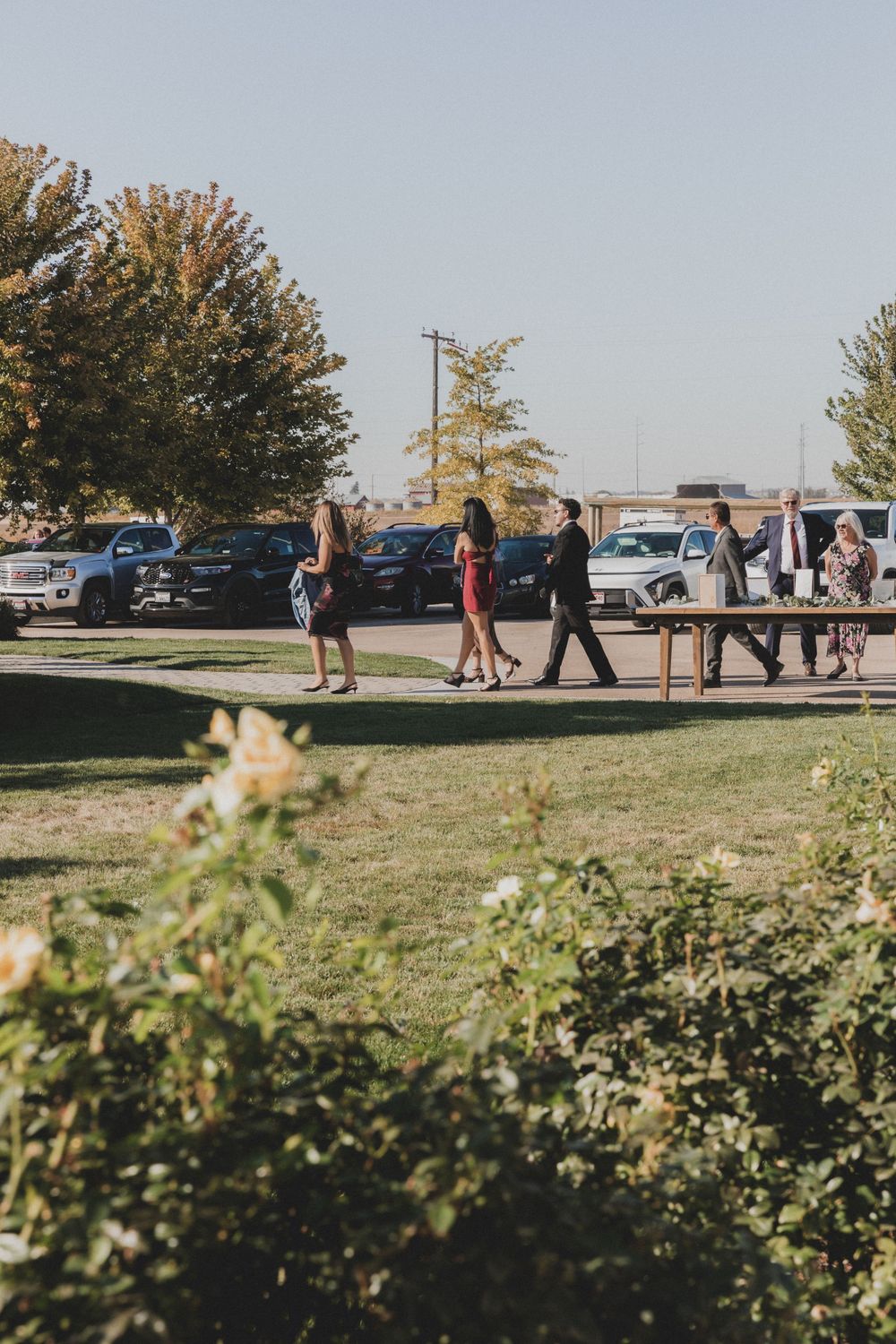 People walking along a paved path surrounded by grass and trees on a sunny autumn day.