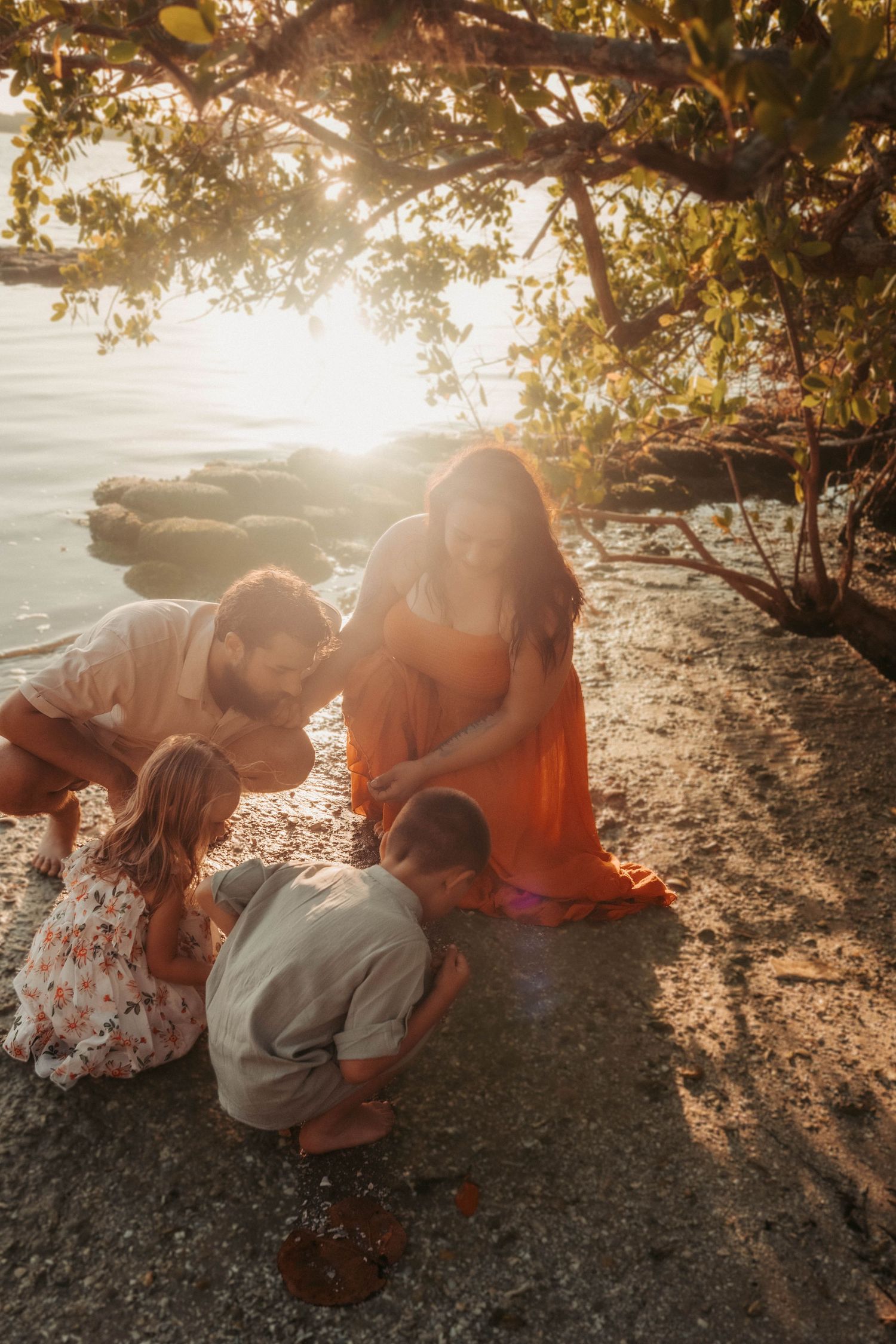 Family of four relaxes on picnic blanket during golden hour photo session in field.