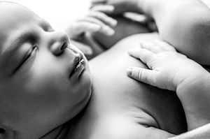 A black and white close-up photo showing a tender moment of gentle touch and connection.