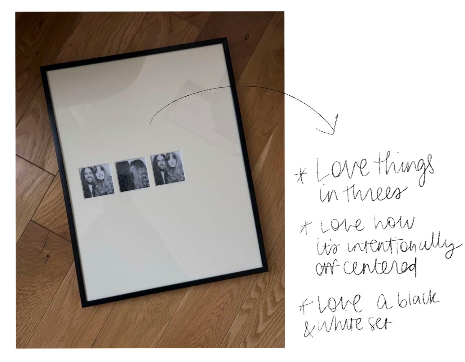A series of framed black and white photos arranged on a wooden floor.