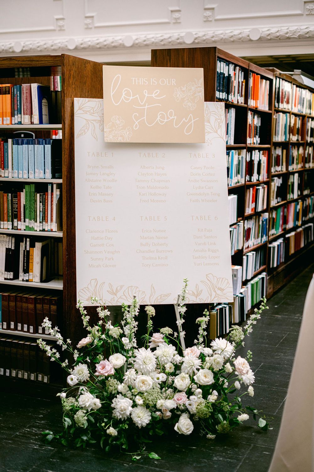 Wedding seating chart displayed in library with white floral arrangements and bookshelves.