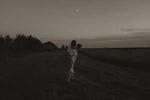 Distant figures stand in a dimly lit field with a bright star visible in the evening sky.