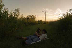 Sunset illuminates a peaceful countryside scene with power lines in the distance.