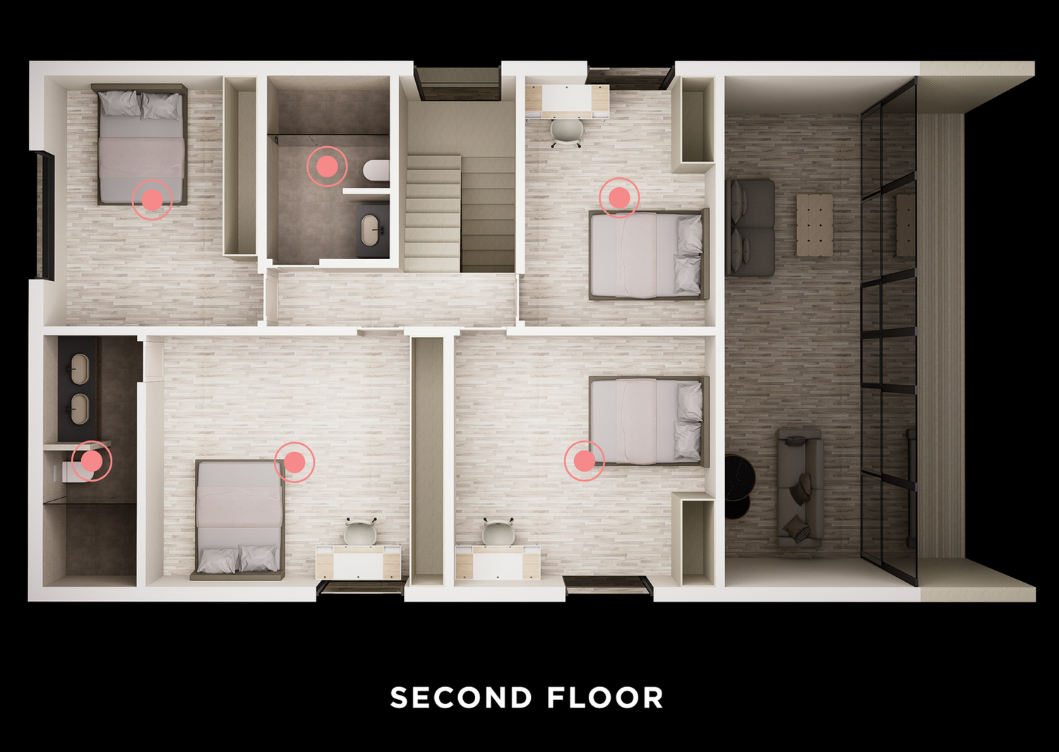 Aerial view of a second floor architectural floor plan showing multiple bedrooms and bathrooms in grayscale.