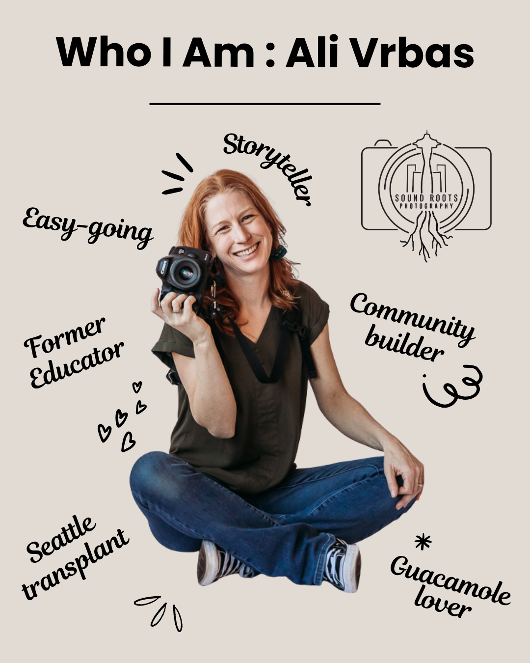 Creative personal branding design featuring hand-drawn doodles and illustrations around casual lifestyle photos.