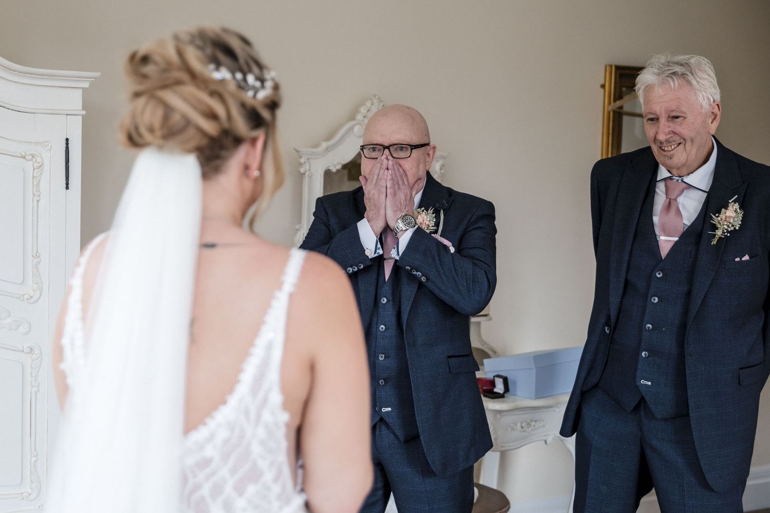 Father of the bride emotional first look in the Bridal Suite at Kelham House