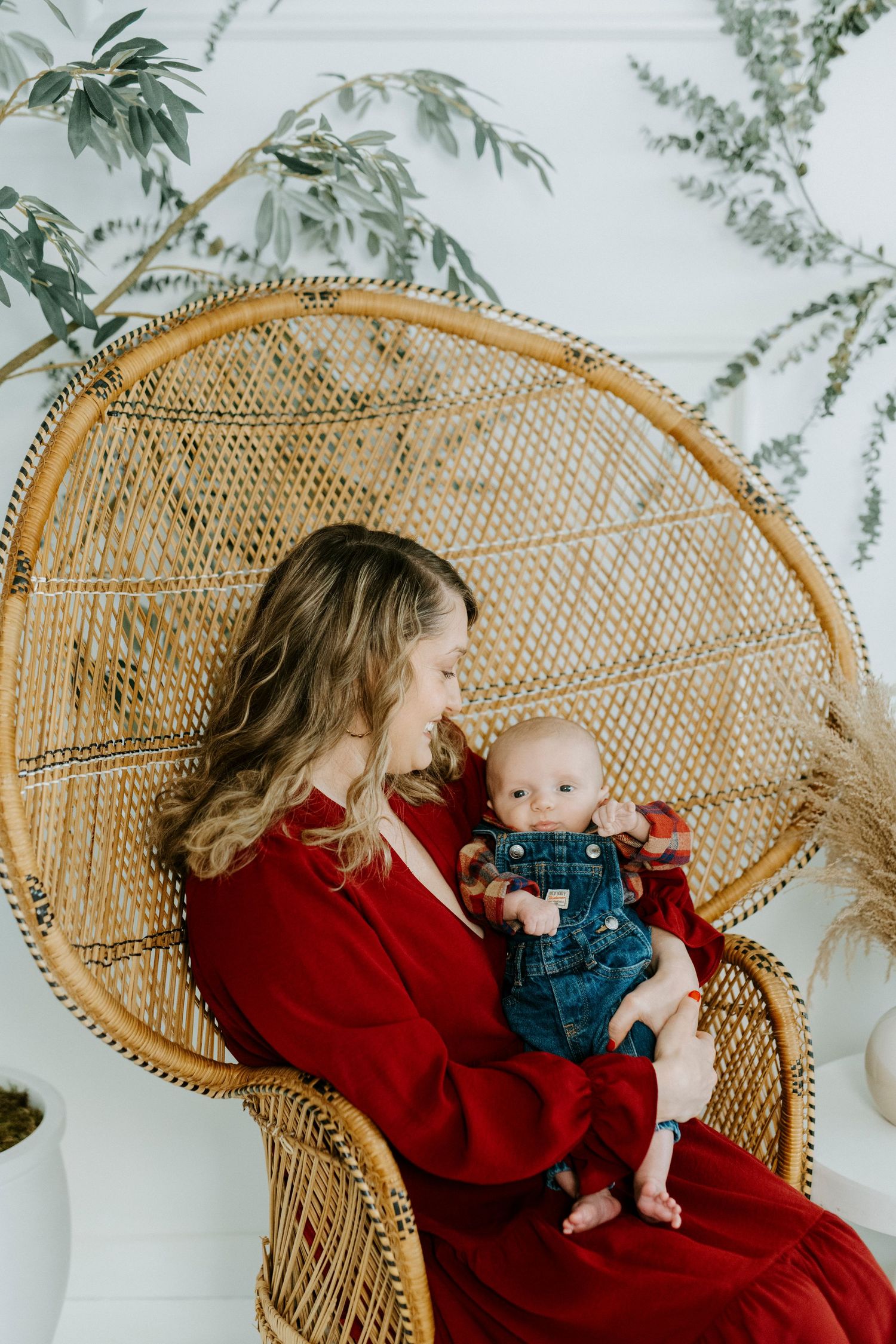 A series of photos showing tender moments between parent and baby in a wicker peacock chair against a white wall with plants.