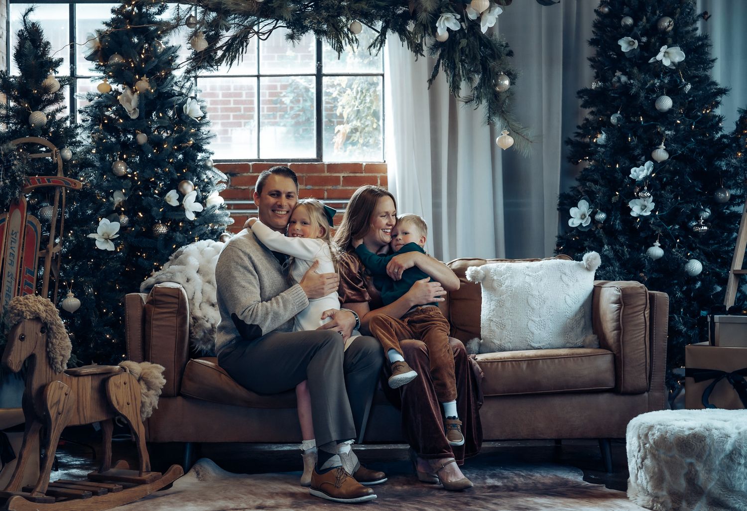 A series of festive holiday photos showing traditional Christmas scenes with decorations and red and white colors.