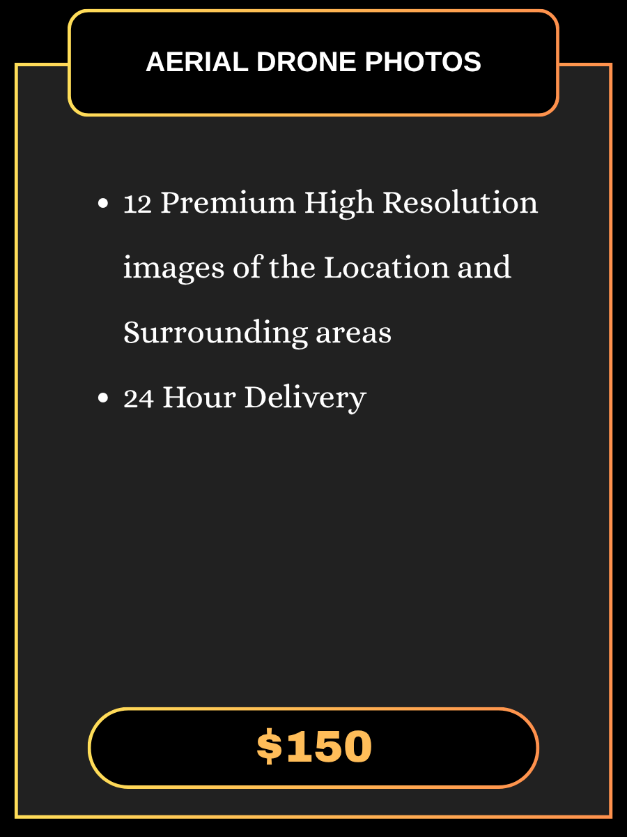 Pricing card for aerial drone photo package offering 12 high resolution images for $150.