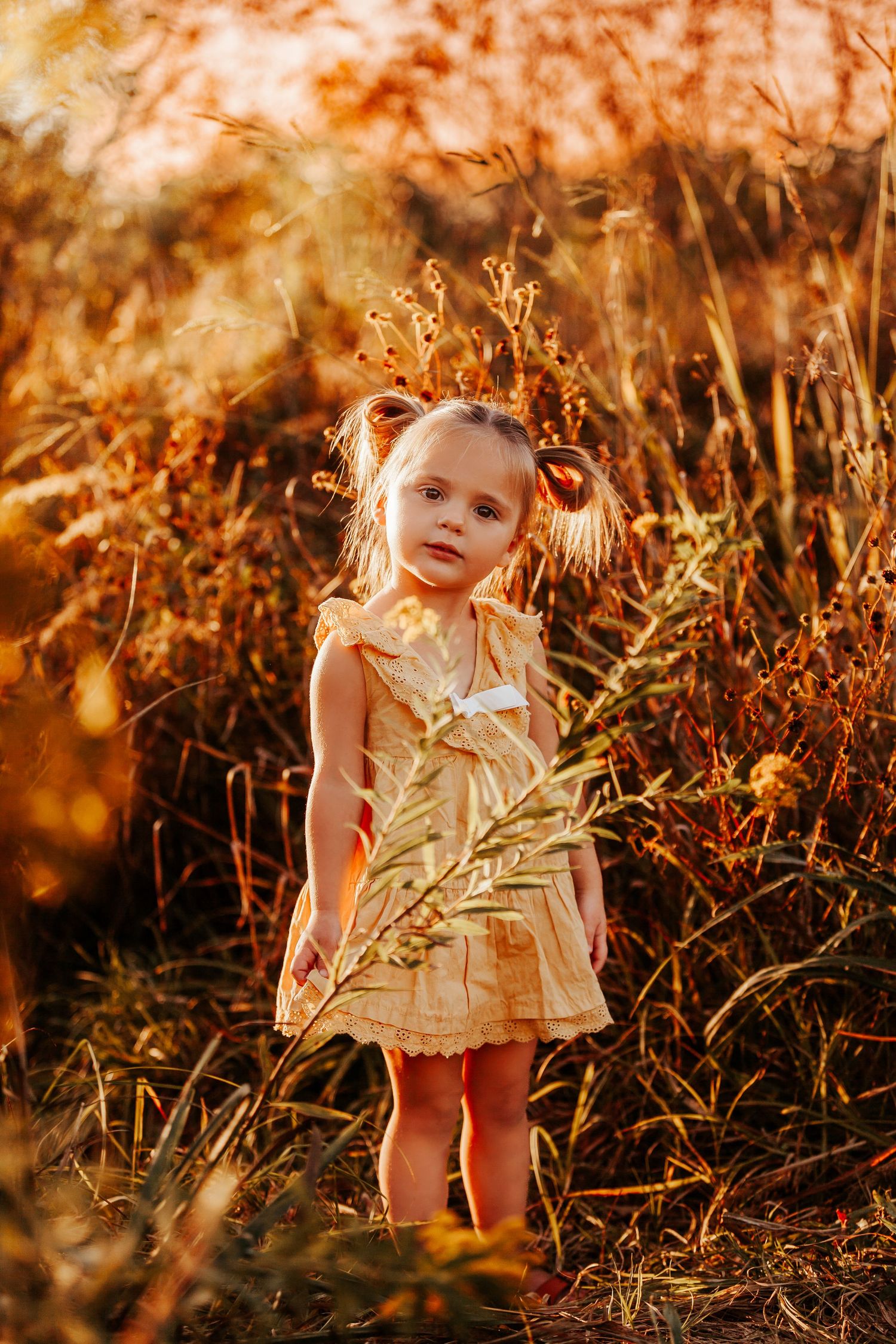 A white dress glows in golden light among tall grasses during sunset.
