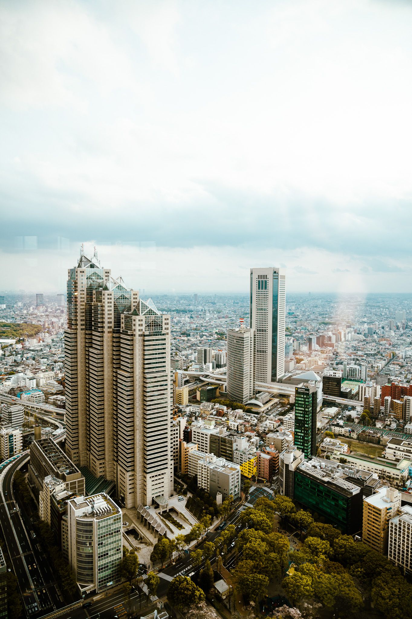 Panoramic cityscape view of downtown Tokyo showing modern skyscrapers and urban development against cloudy sky.