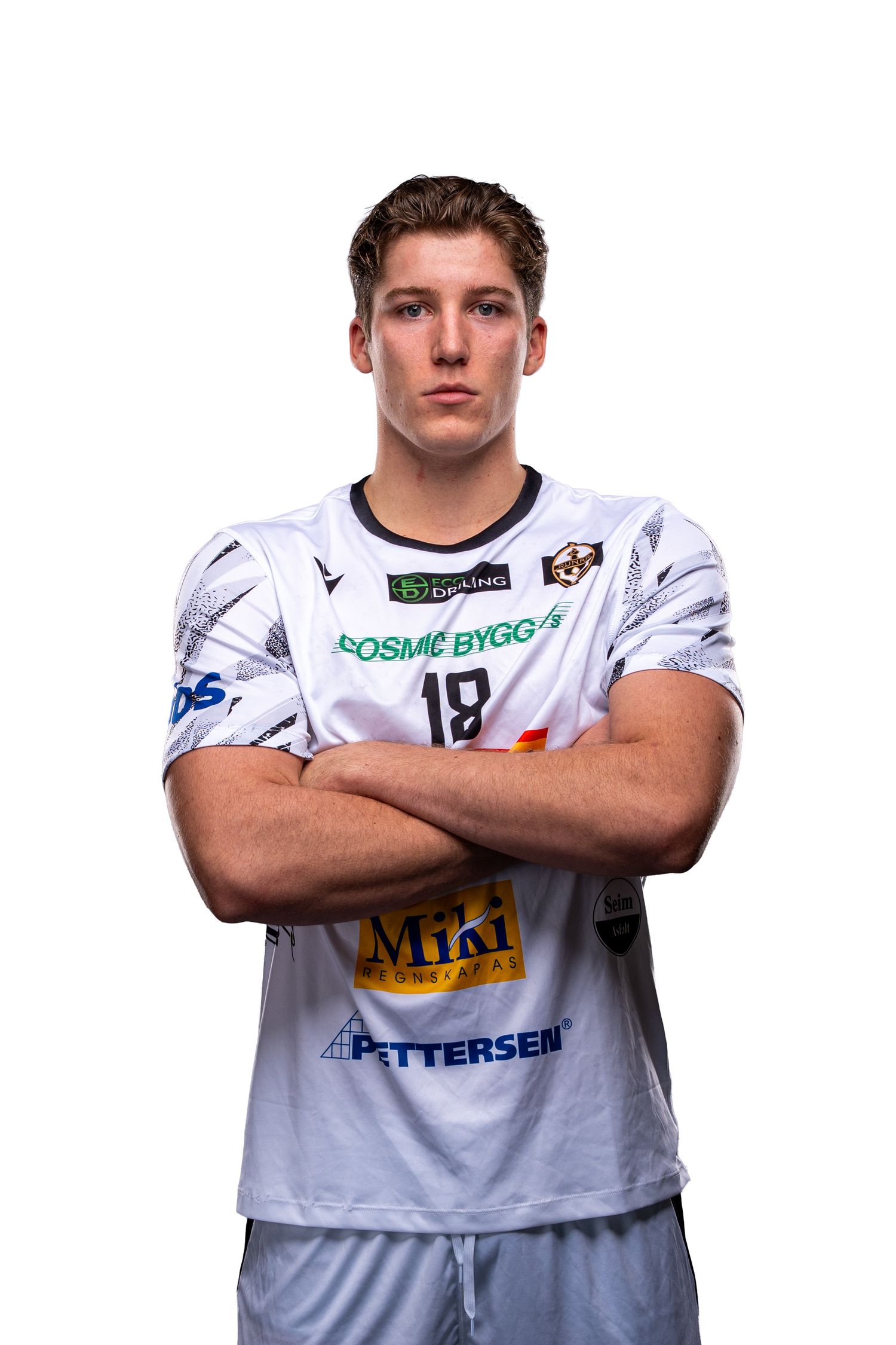 Three athletes in white sports jerseys with different sponsor logos pose with arms crossed for team photos.