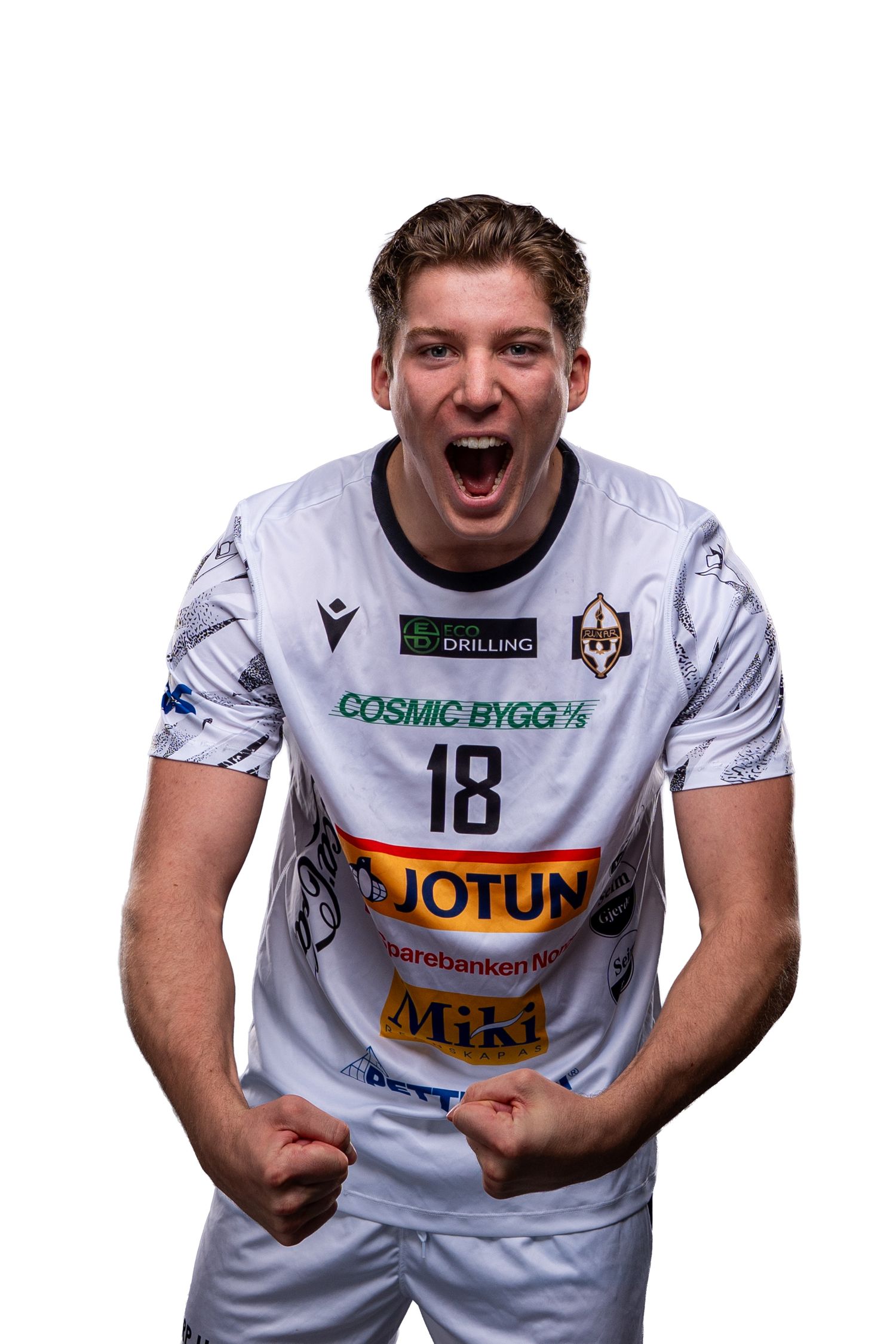 Athletic players in white sports jerseys with sponsor logos show excited expressions during a team photoshoot.