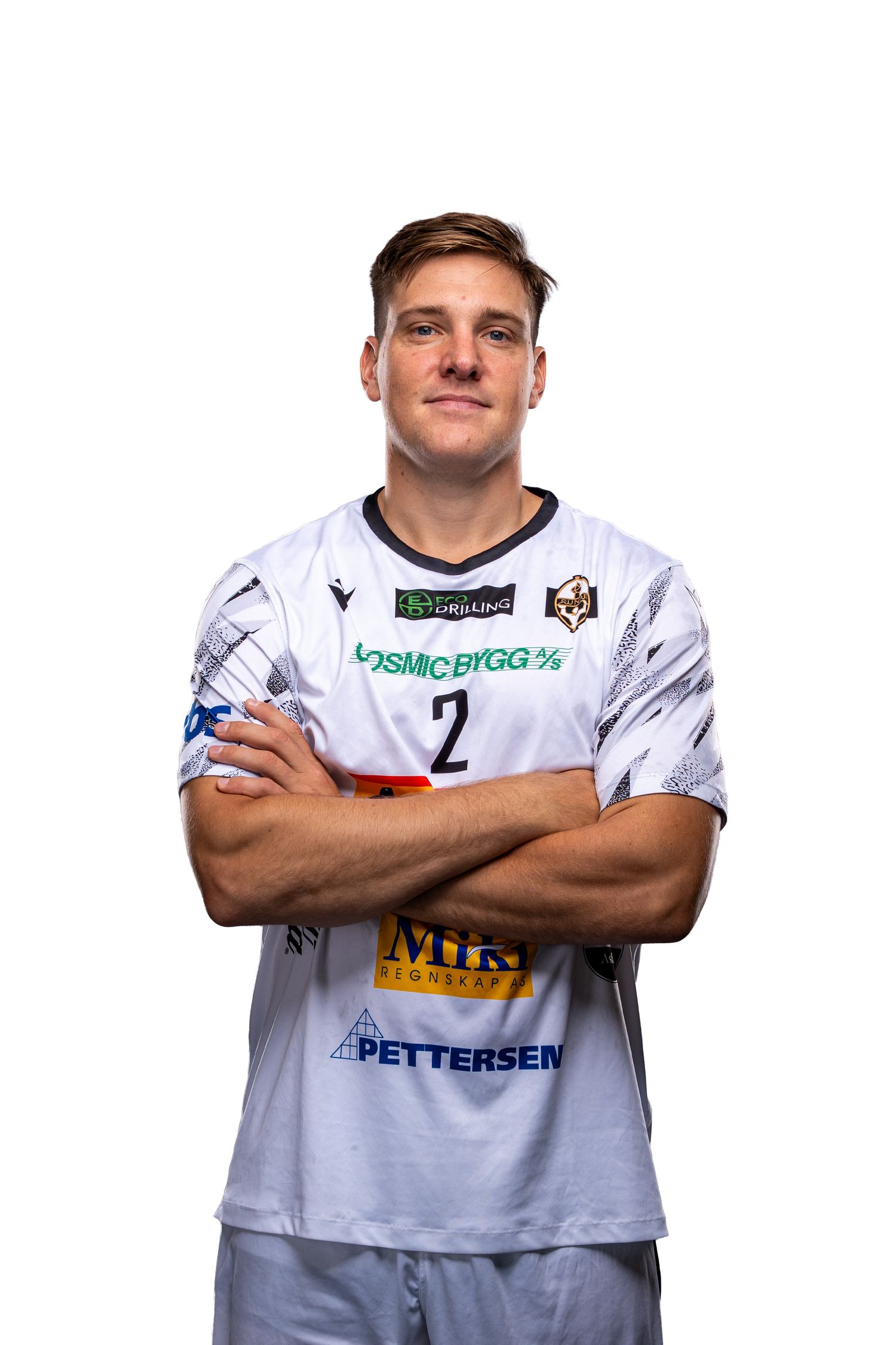 Three athletes in white sports jerseys pose with crossed arms against a white background.
