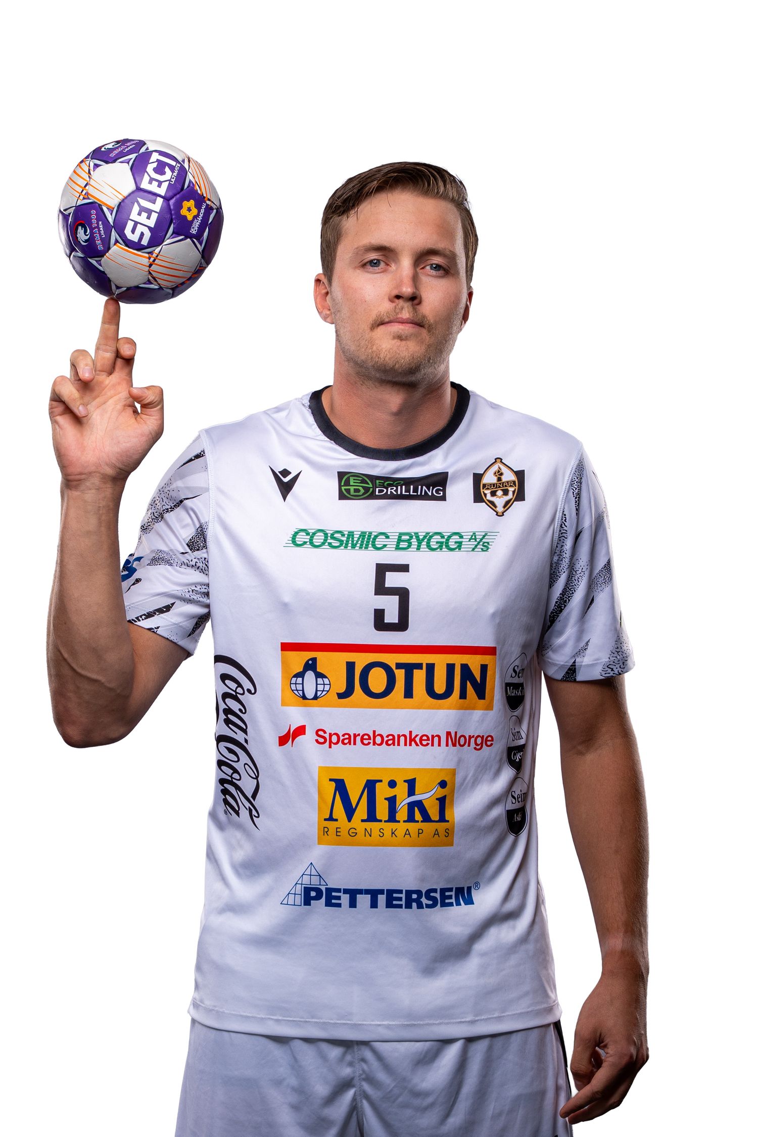 Professional handball player in white jersey with sponsor logos spinning ball on finger against white background.