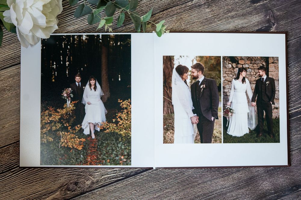 Multiple wedding photos displayed in a collage layout showing romantic moments and elegant decorations.