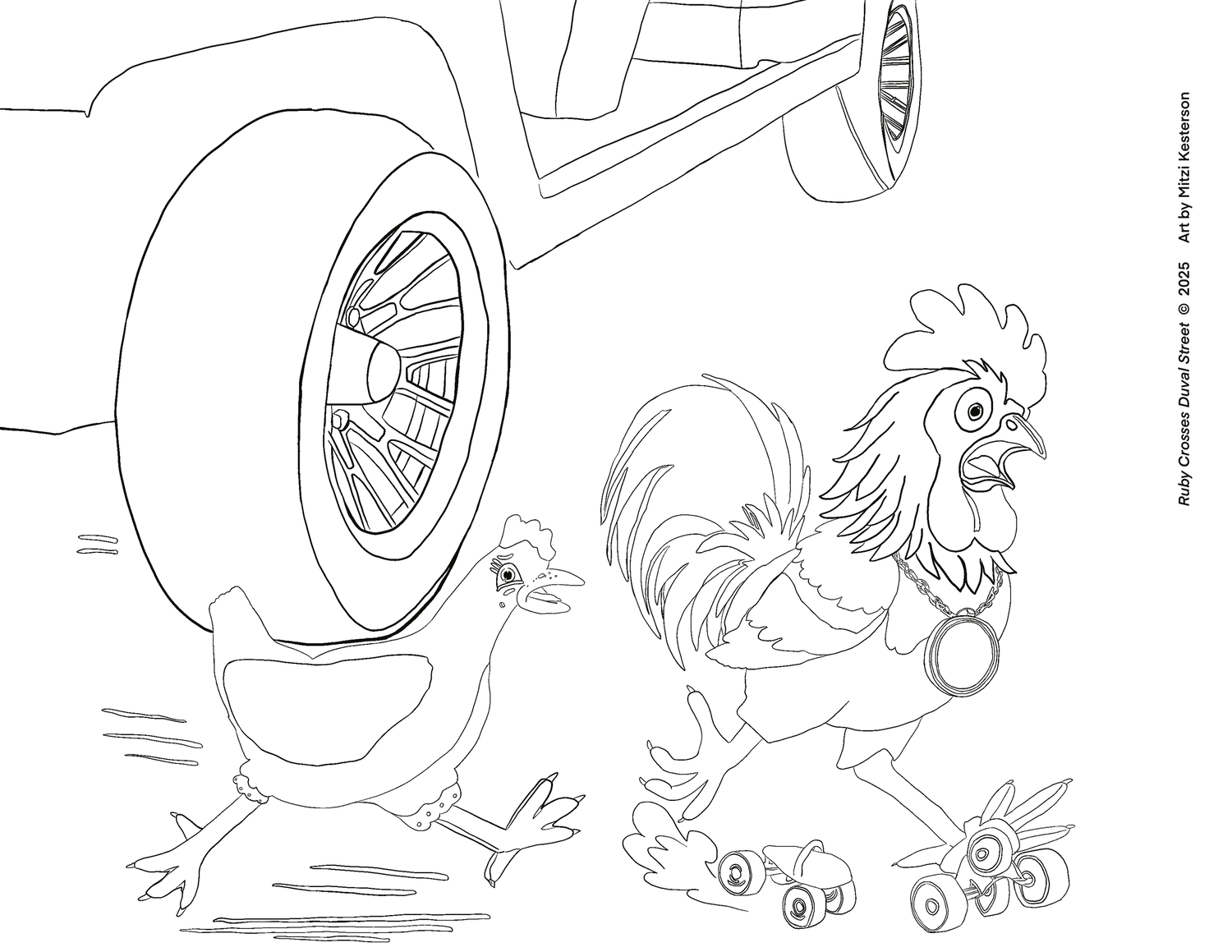 A coloring page showing Ruby and Zippy nervously avoiding a golf cart wheel on Duval Street.