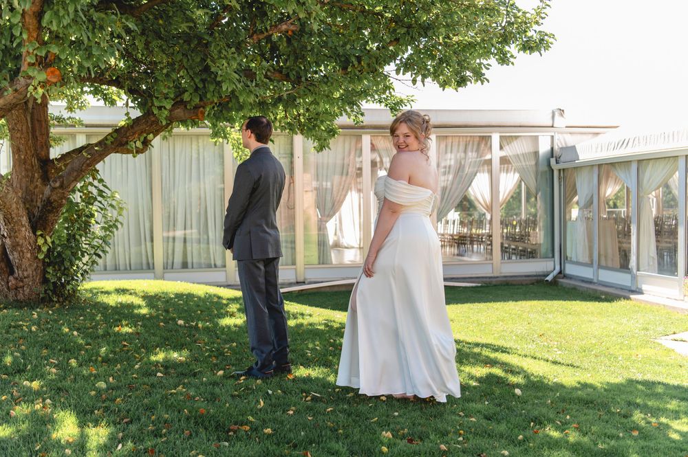 A series of outdoor wedding photos showing a bridal dress and gown in a backyard garden setting against green foliage.