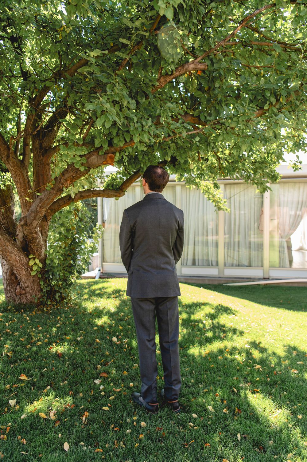 Someone kneels to pick items beneath a shady tree on a grassy lawn during a sunny day.