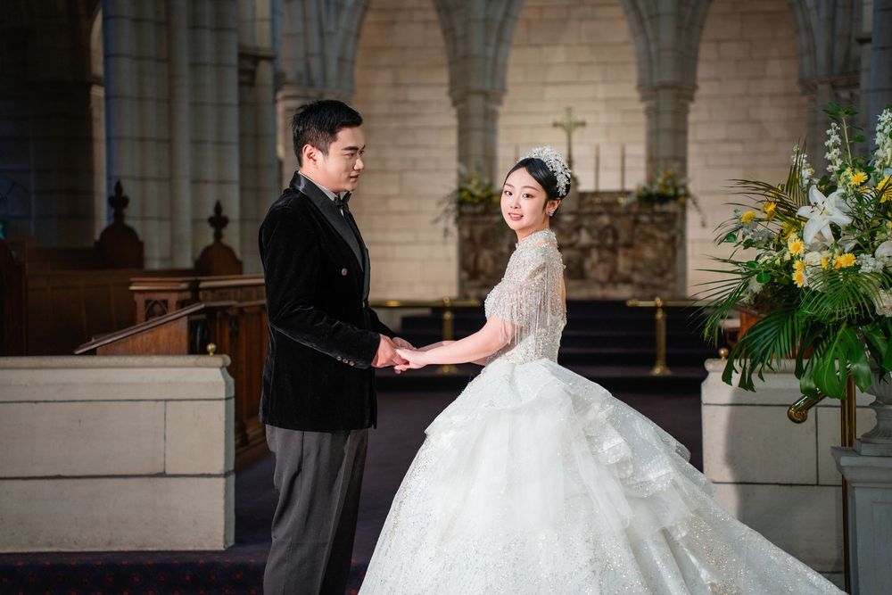 Classic and elegant church pre-wedding photography captured inside the historic St Matthew-in-the-City, Auckland.