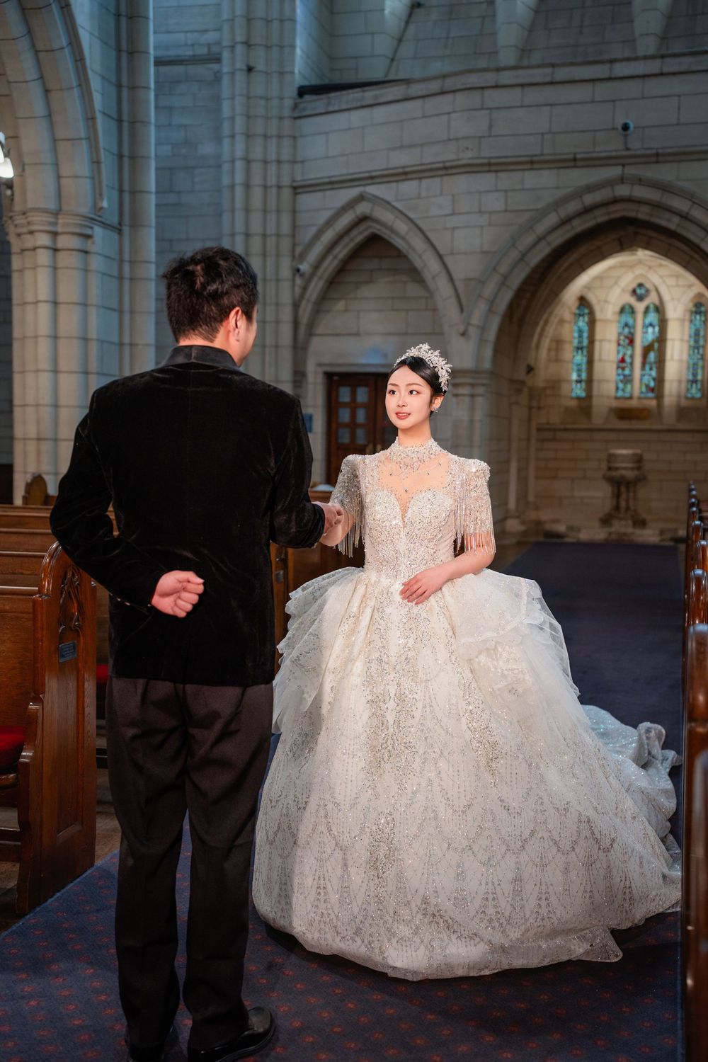 Classic and elegant church pre-wedding photography captured inside the historic St Matthew-in-the-City, Auckland.