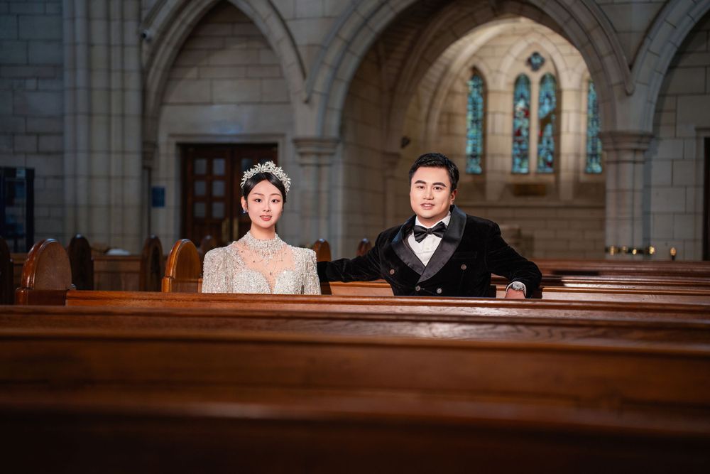 Classic and elegant church pre-wedding photography captured inside the historic St Matthew-in-the-City, Auckland.