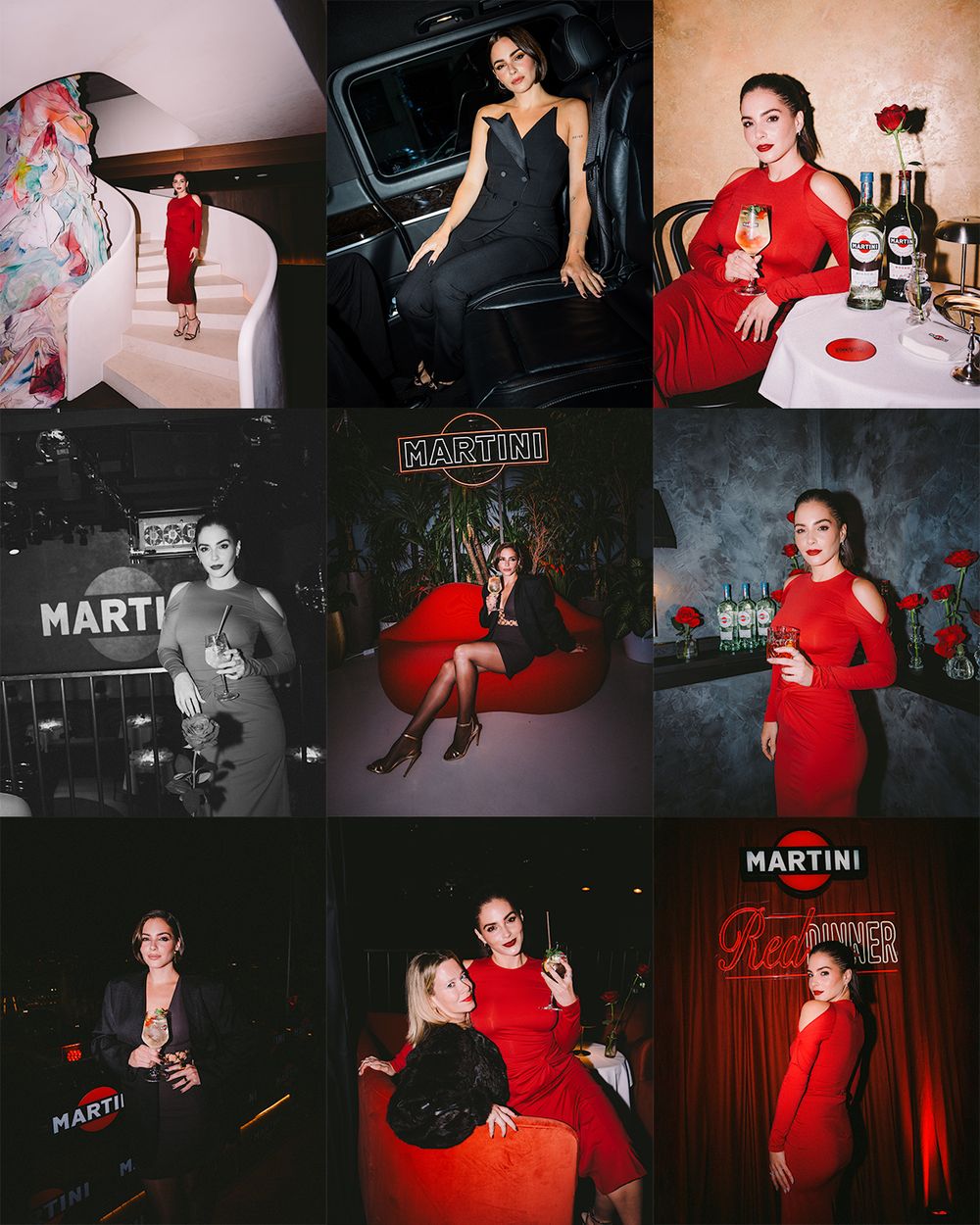 A moody fashion photoshoot featuring dramatic red and black styling with artistic lighting effects in a dark setting.